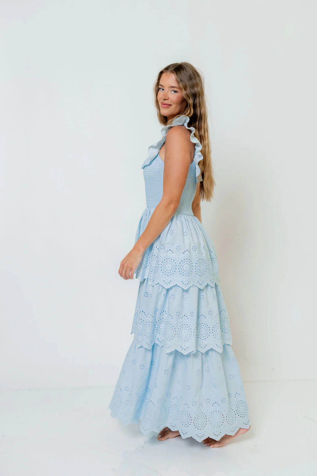 Ashlynn Ruffled Smocked Eyelet Tiered Maxi Dress in Light Blue - Image 3