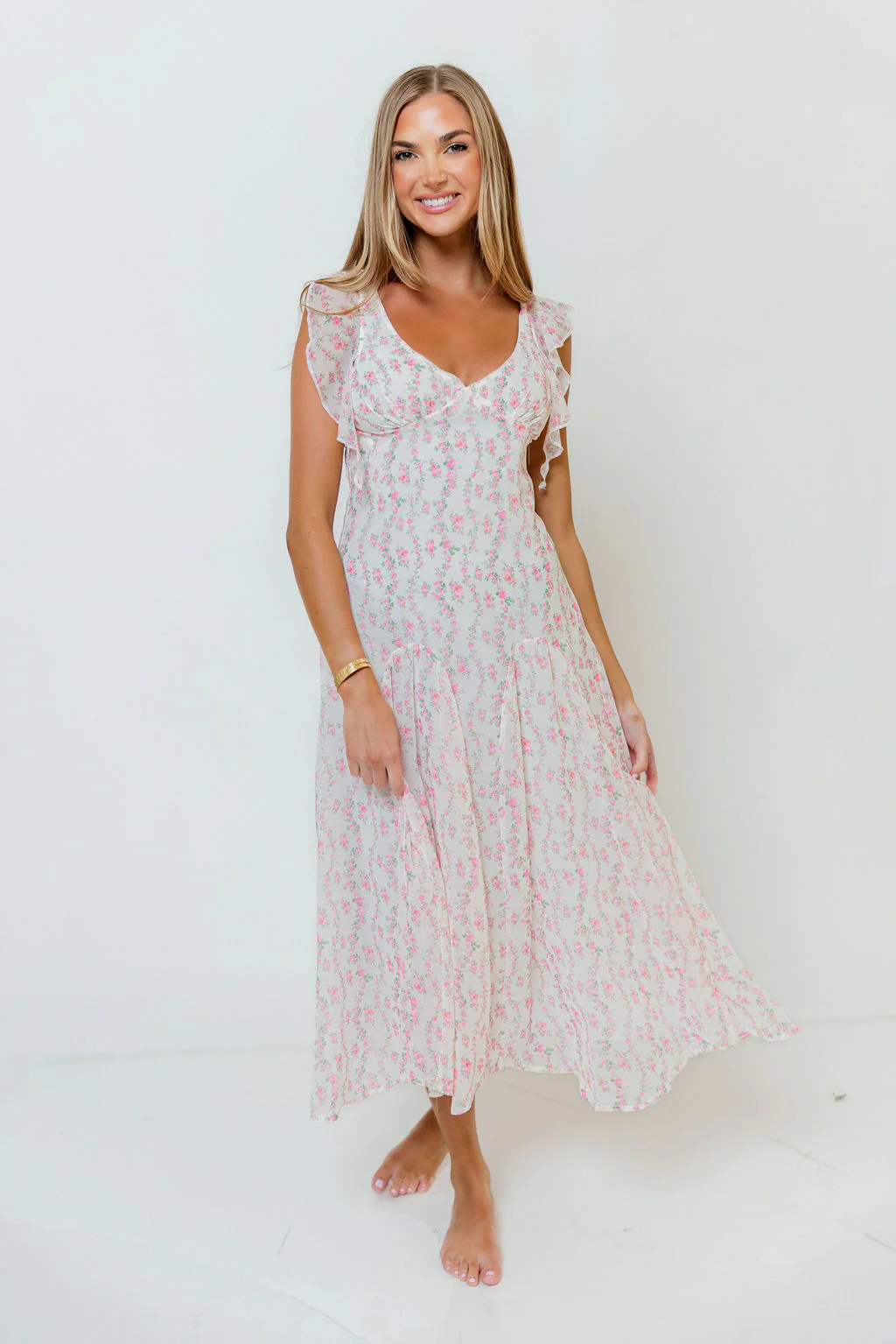 Rosie Flutter Sleeve Floral Maxi Dress in Off-White/Pink - Image 13