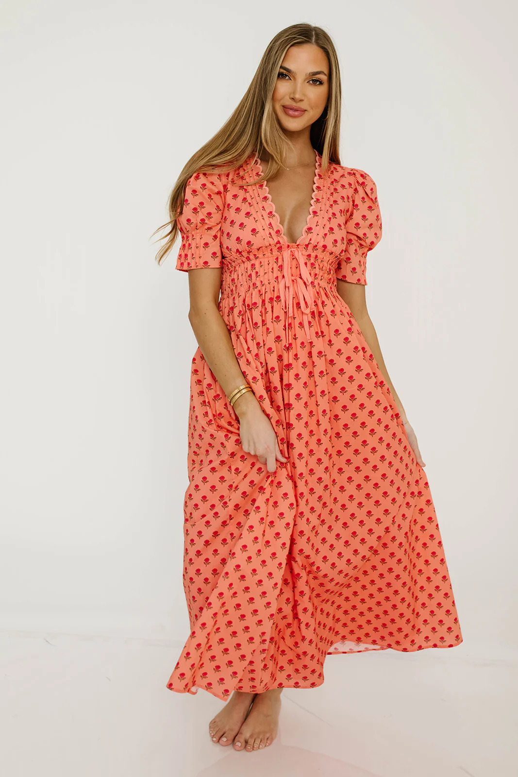 Beau 100% Cotton Floral Midi Dress in Coral