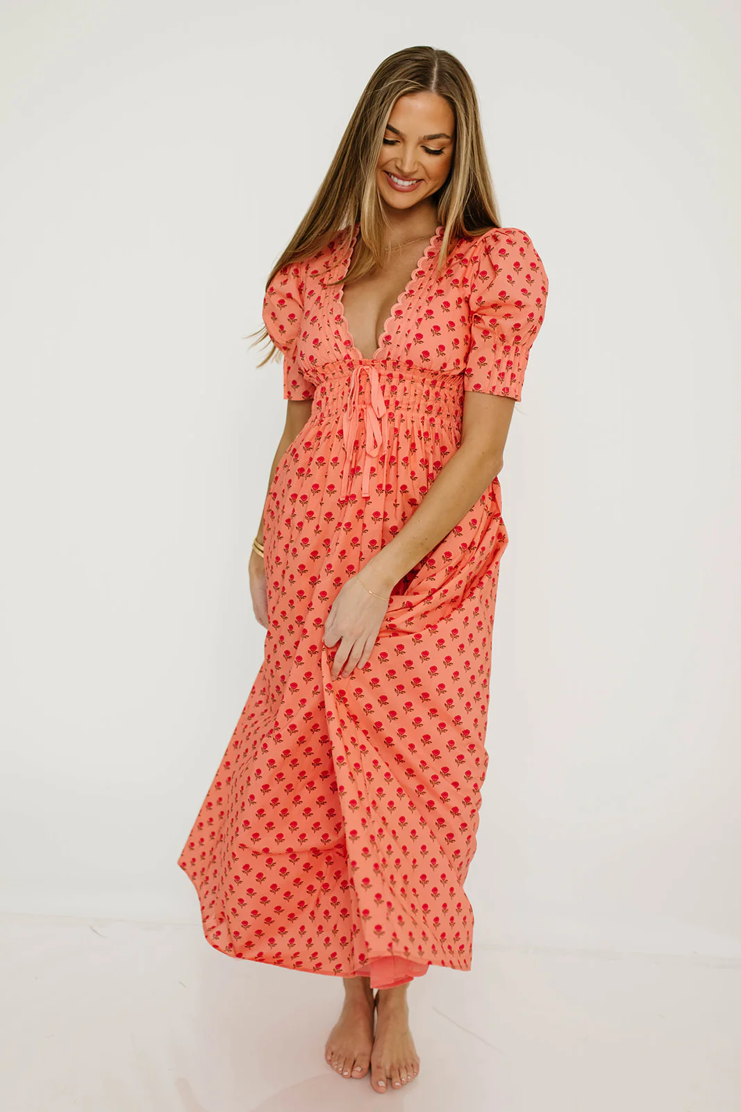 Beau 100% Cotton Floral Midi Dress in Coral - Image 2