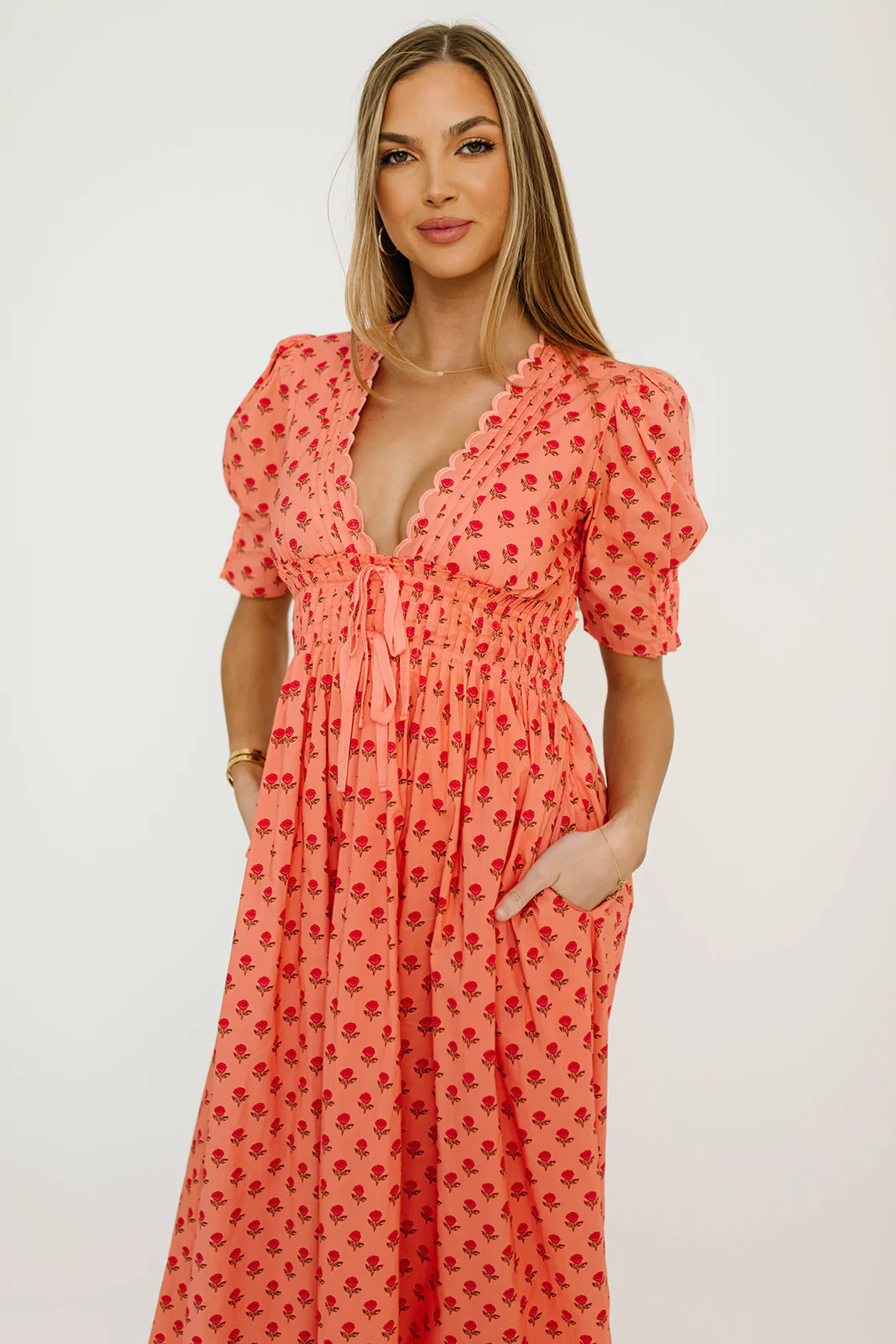 Beau 100% Cotton Floral Midi Dress in Coral - Image 3