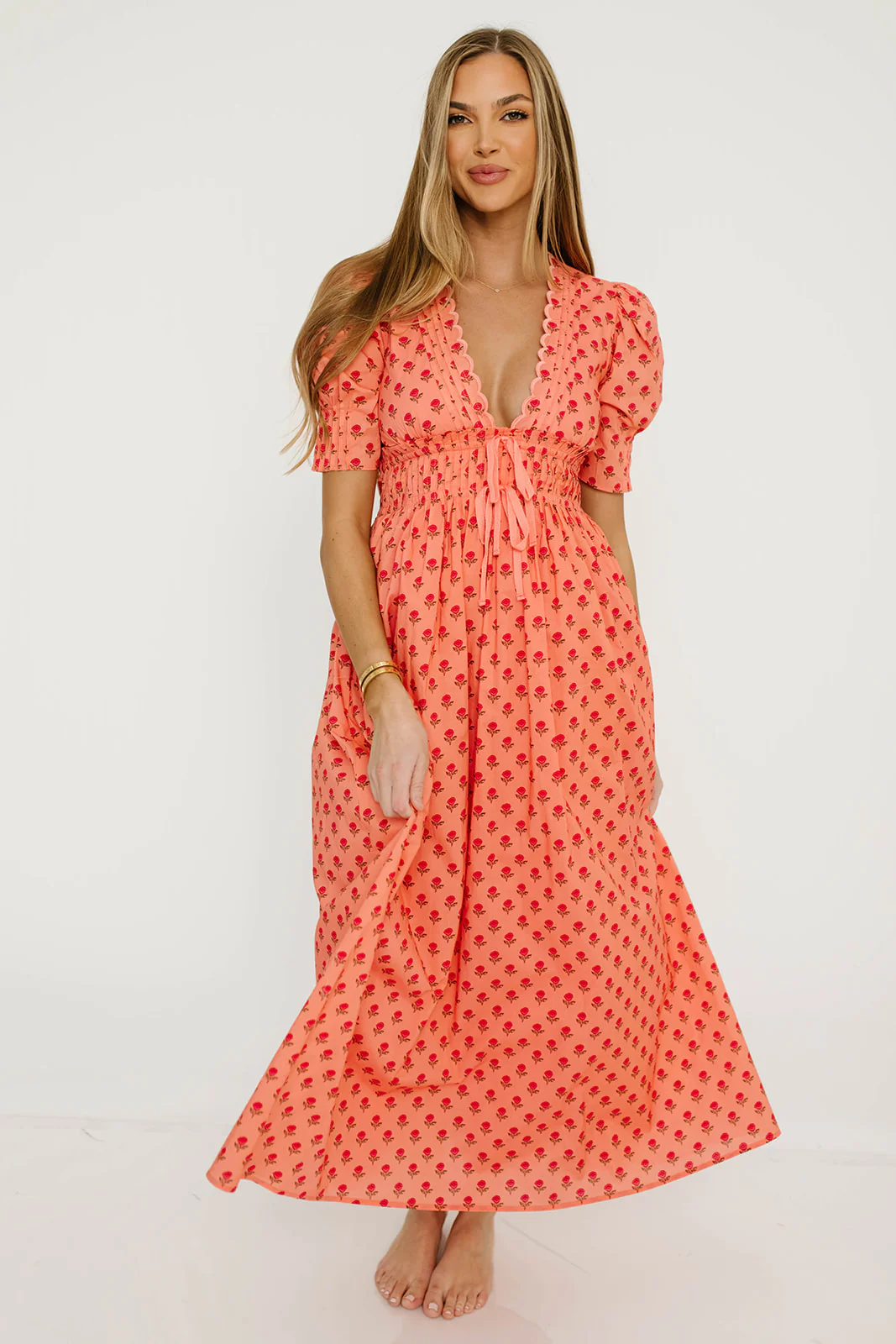 Beau 100% Cotton Floral Midi Dress in Coral - Image 4