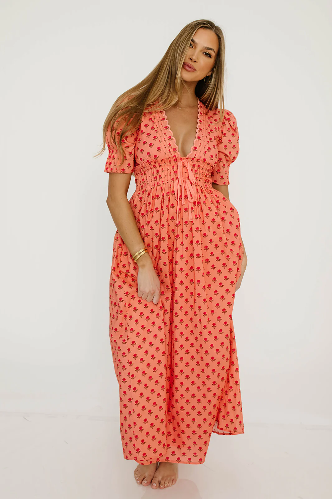 Beau 100% Cotton Floral Midi Dress in Coral - Image 5