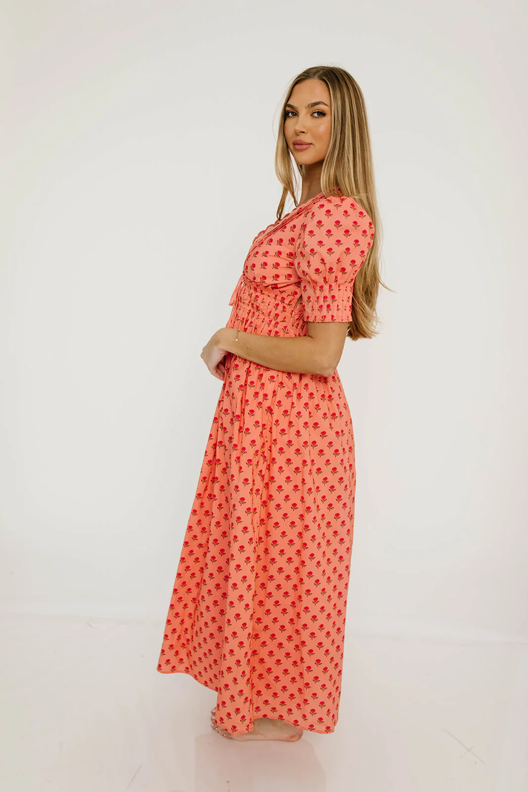 Beau 100% Cotton Floral Midi Dress in Coral - Image 6