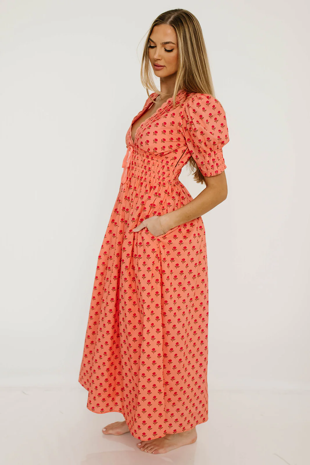 Beau 100% Cotton Floral Midi Dress in Coral - Image 7