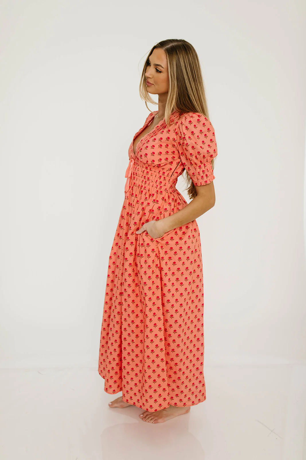 Beau 100% Cotton Floral Midi Dress in Coral - Image 8