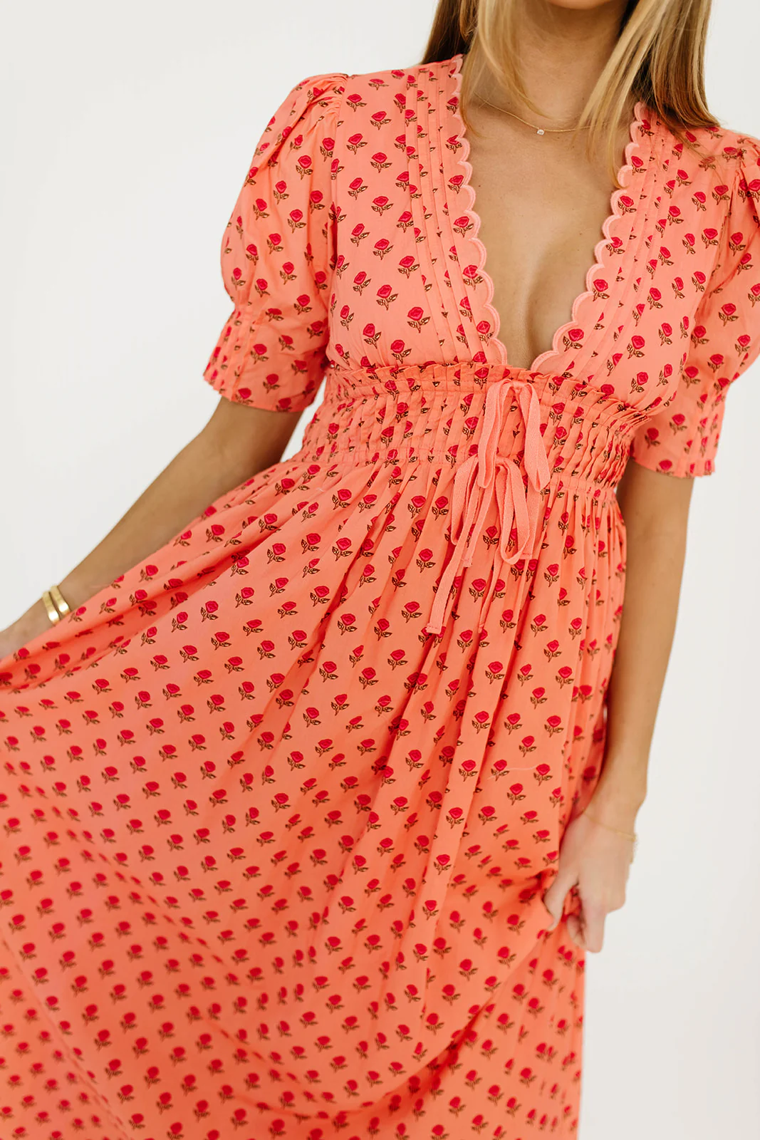 Beau 100% Cotton Floral Midi Dress in Coral - Image 9