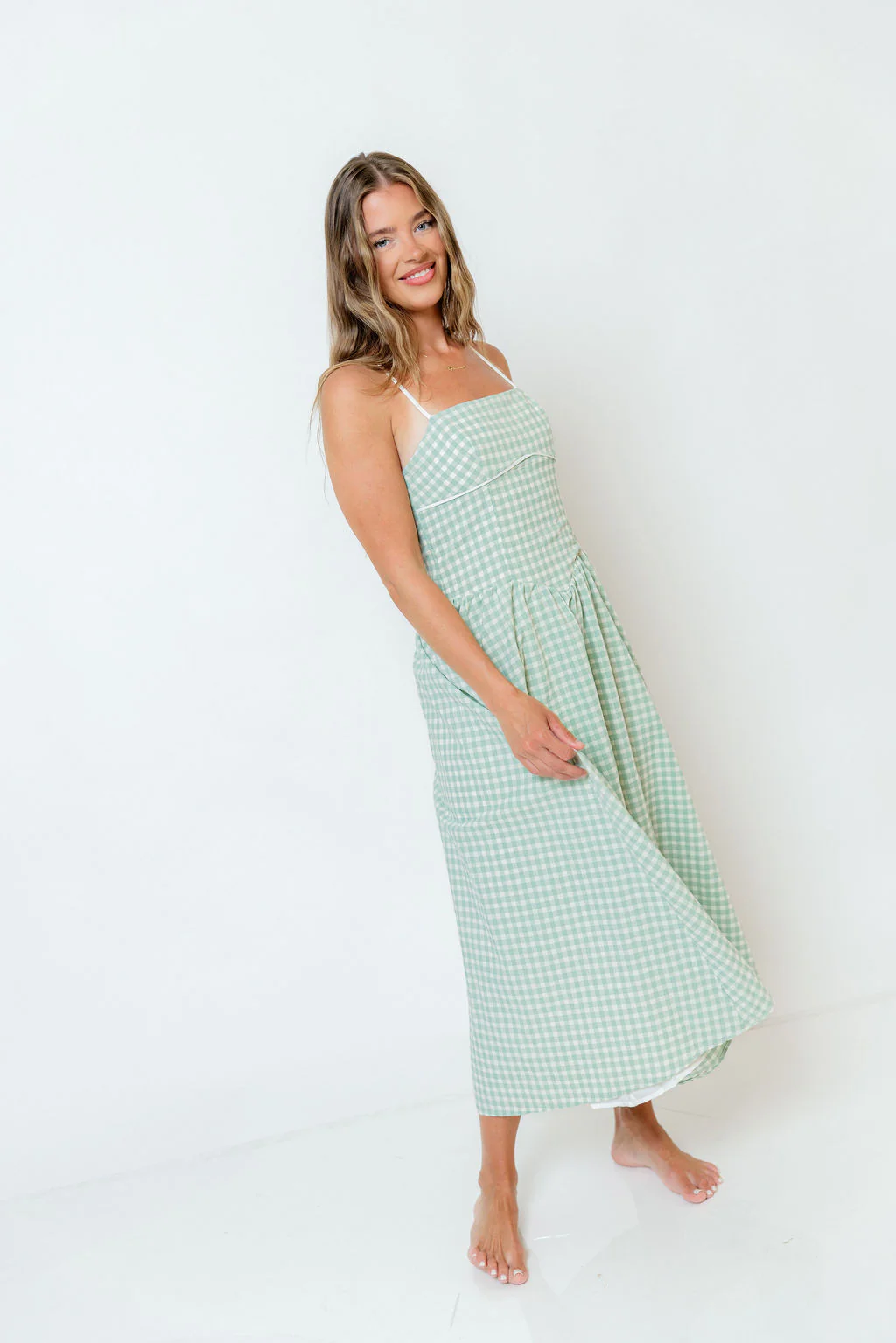 Gretchen Gingham Midi Dress in Sage - Image 2