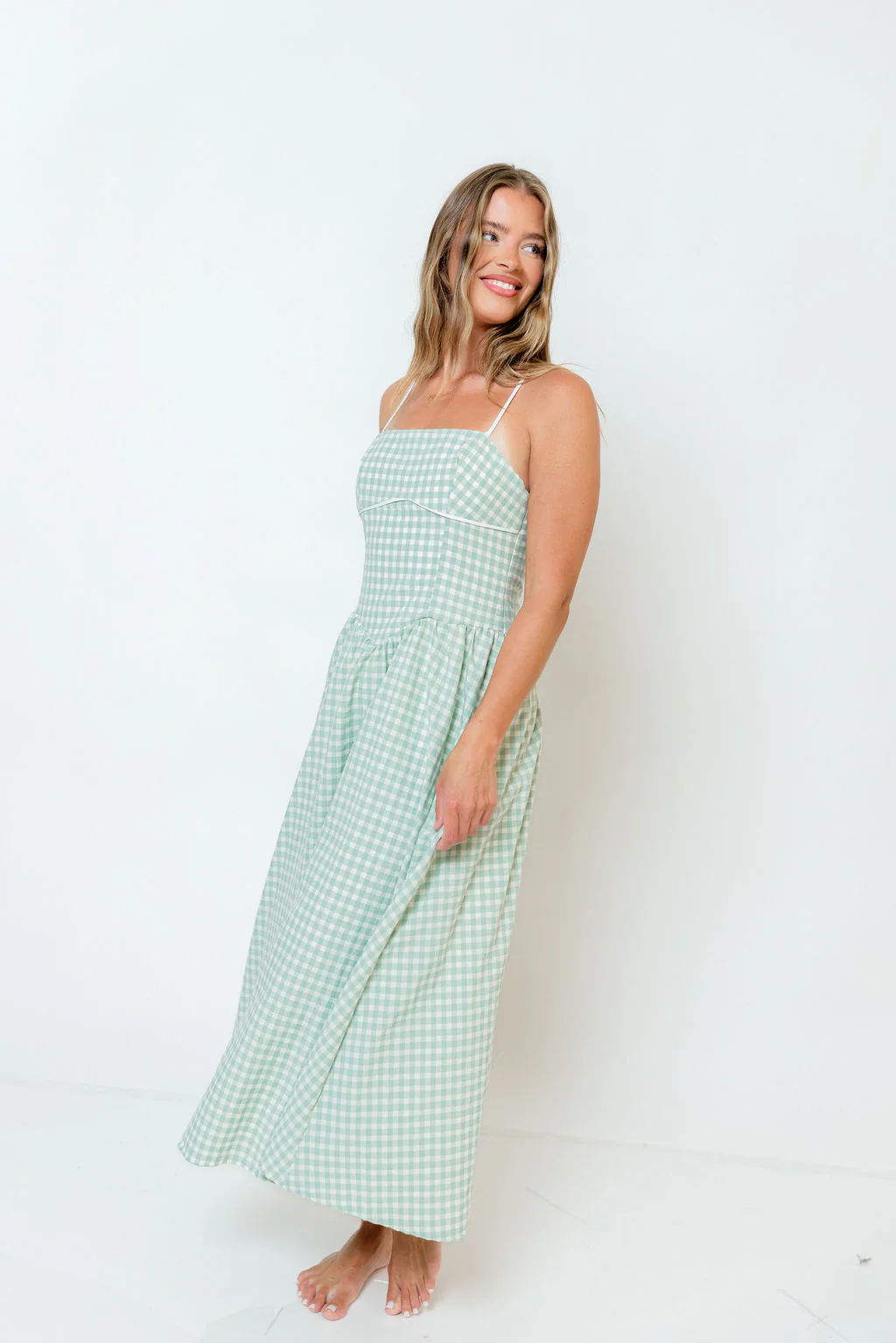Gretchen Gingham Midi Dress in Sage - Image 3