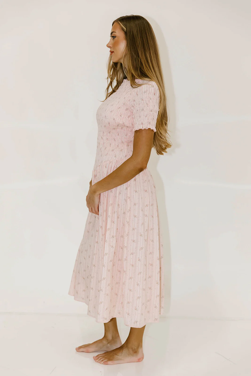 Bianca 100% Cotton Smocked Floral Midi Dress in Light Pink - Image 10