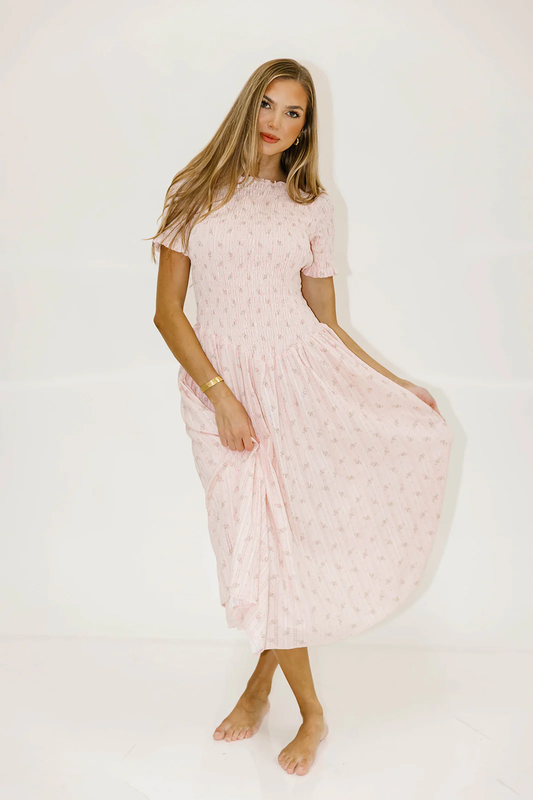 Bianca 100% Cotton Smocked Floral Midi Dress in Light Pink - Image 11
