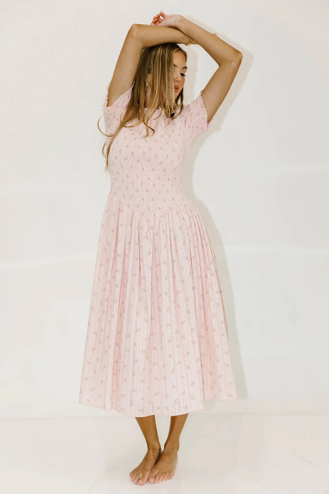 Bianca 100% Cotton Smocked Floral Midi Dress in Light Pink - Image 12