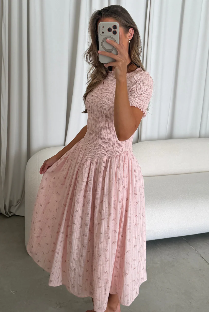 Bianca 100% Cotton Smocked Floral Midi Dress in Light Pink - Image 4