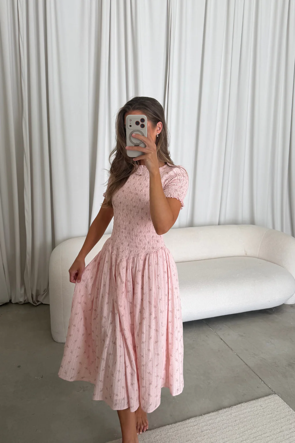 Bianca 100% Cotton Smocked Floral Midi Dress in Light Pink - Image 5