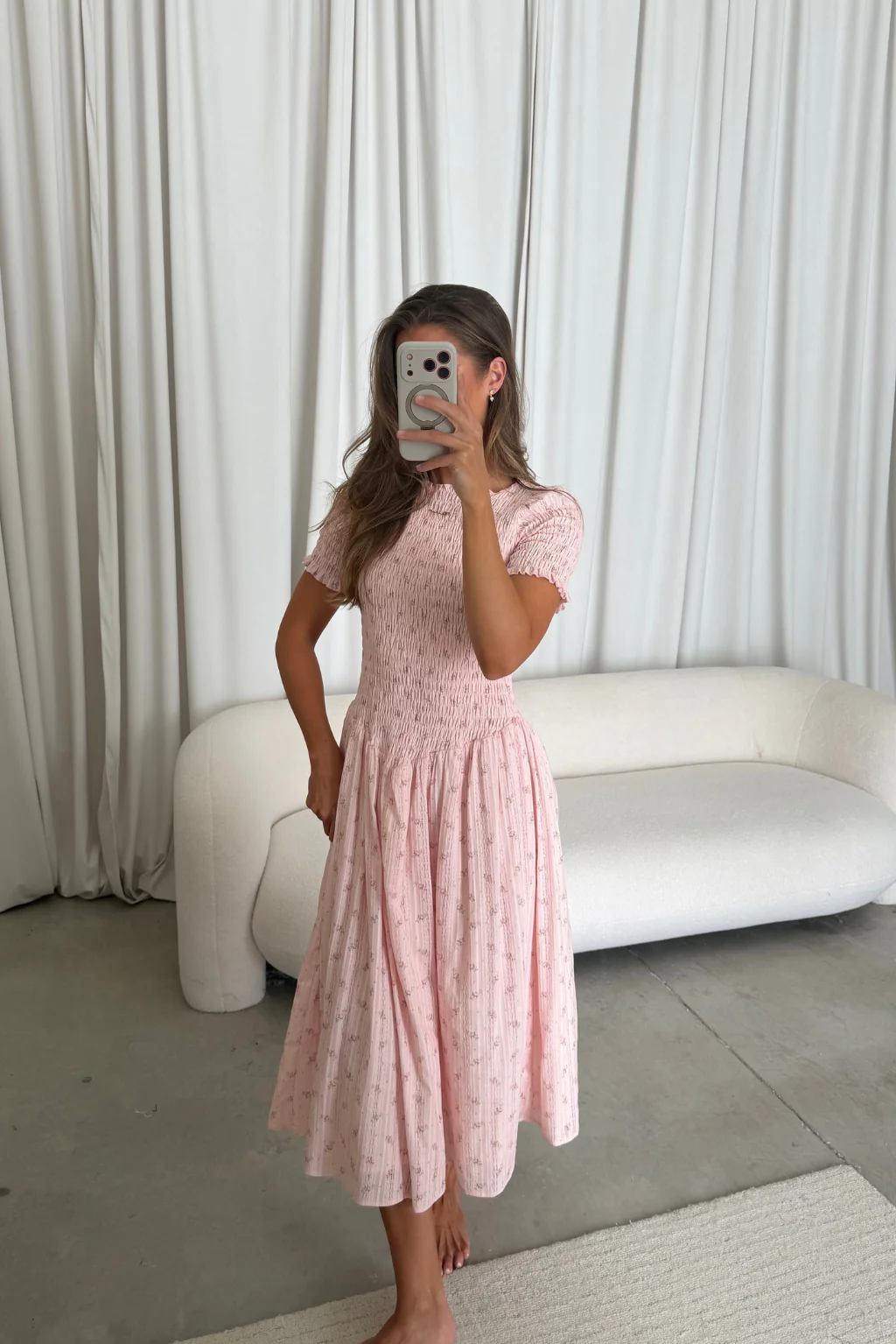 Bianca 100% Cotton Smocked Floral Midi Dress in Light Pink - Image 7