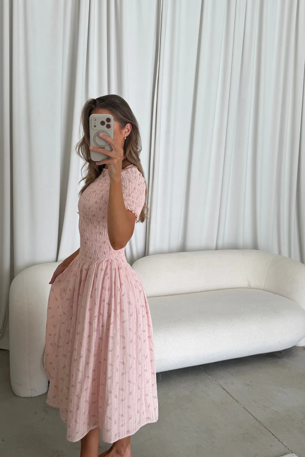 Bianca 100% Cotton Smocked Floral Midi Dress in Light Pink - Image 8