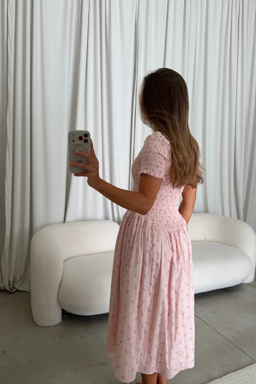 Bianca 100% Cotton Smocked Floral Midi Dress in Light Pink - Image 9