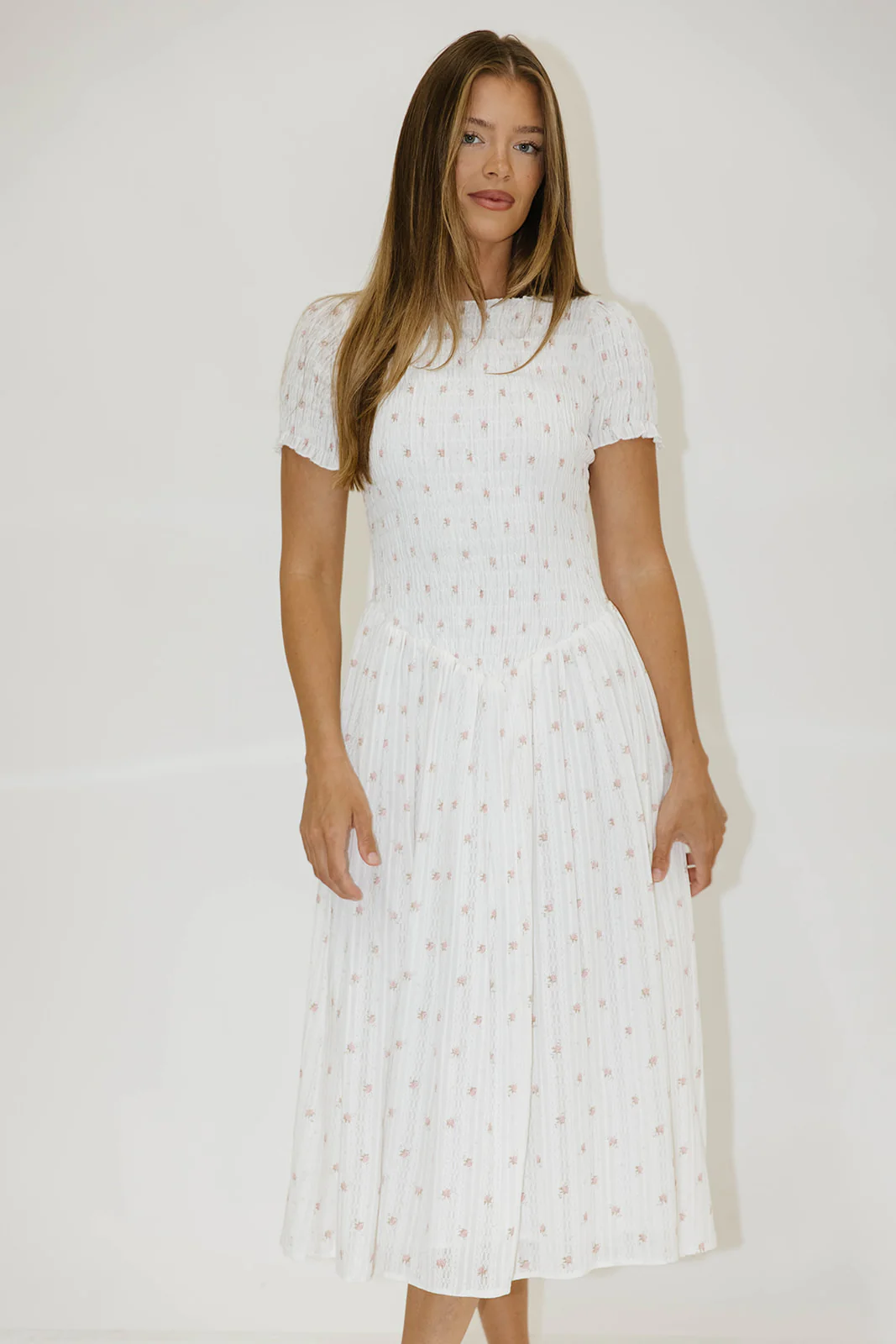 Bianca 100% Cotton Smocked Floral Midi Dress in Off White - Image 10