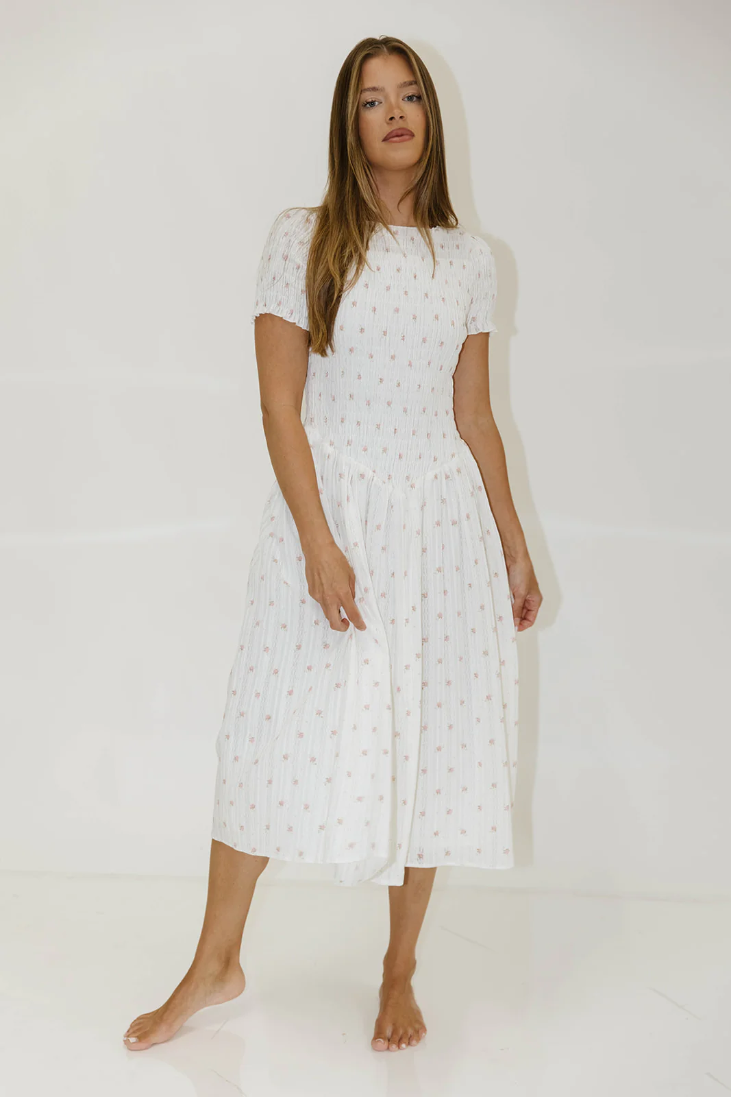 Bianca 100% Cotton Smocked Floral Midi Dress in Off White - Image 11