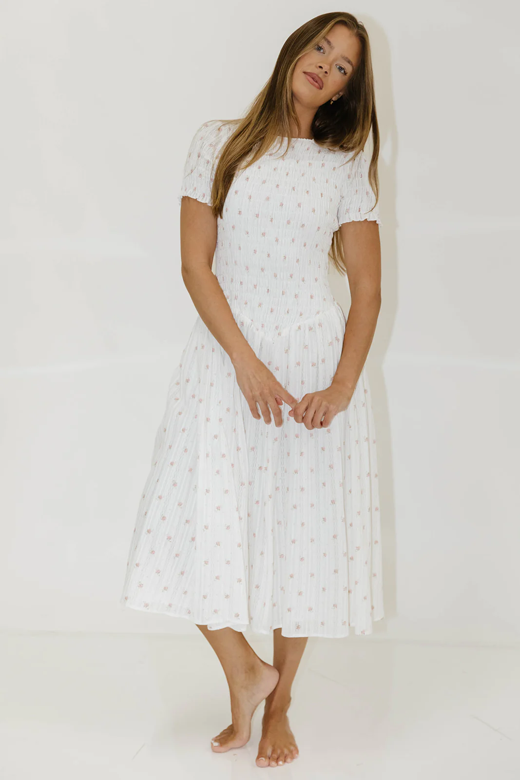 Bianca 100% Cotton Smocked Floral Midi Dress in Off White - Image 12