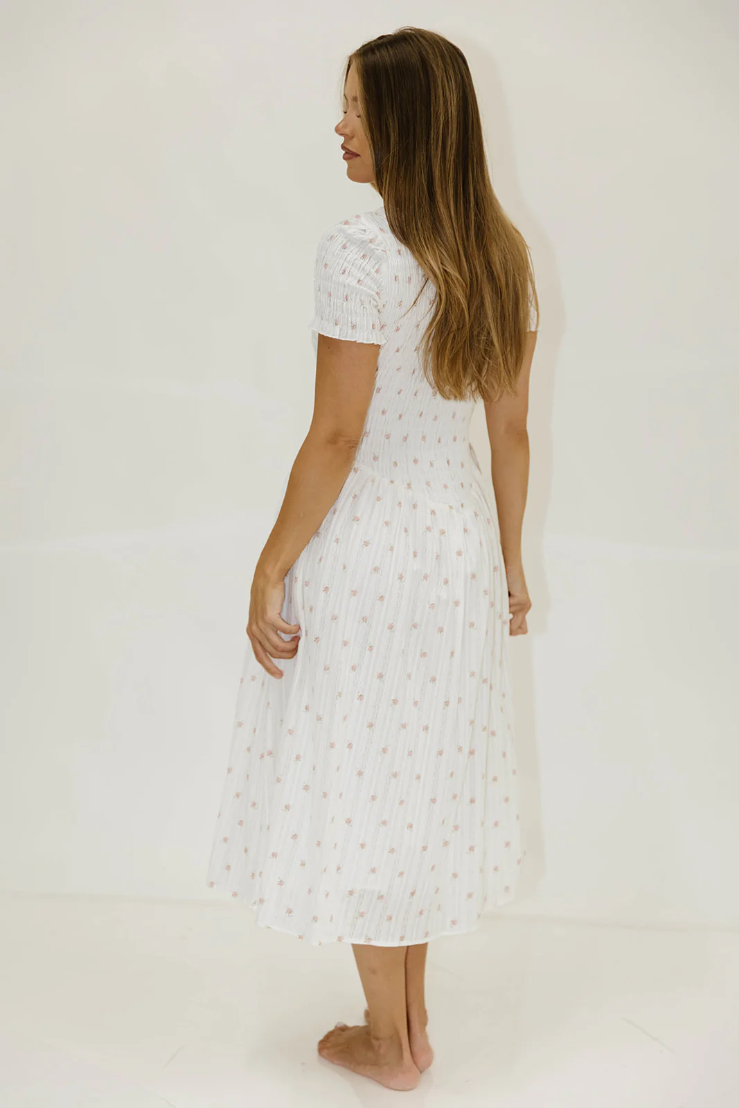 Bianca 100% Cotton Smocked Floral Midi Dress in Off White - Image 13