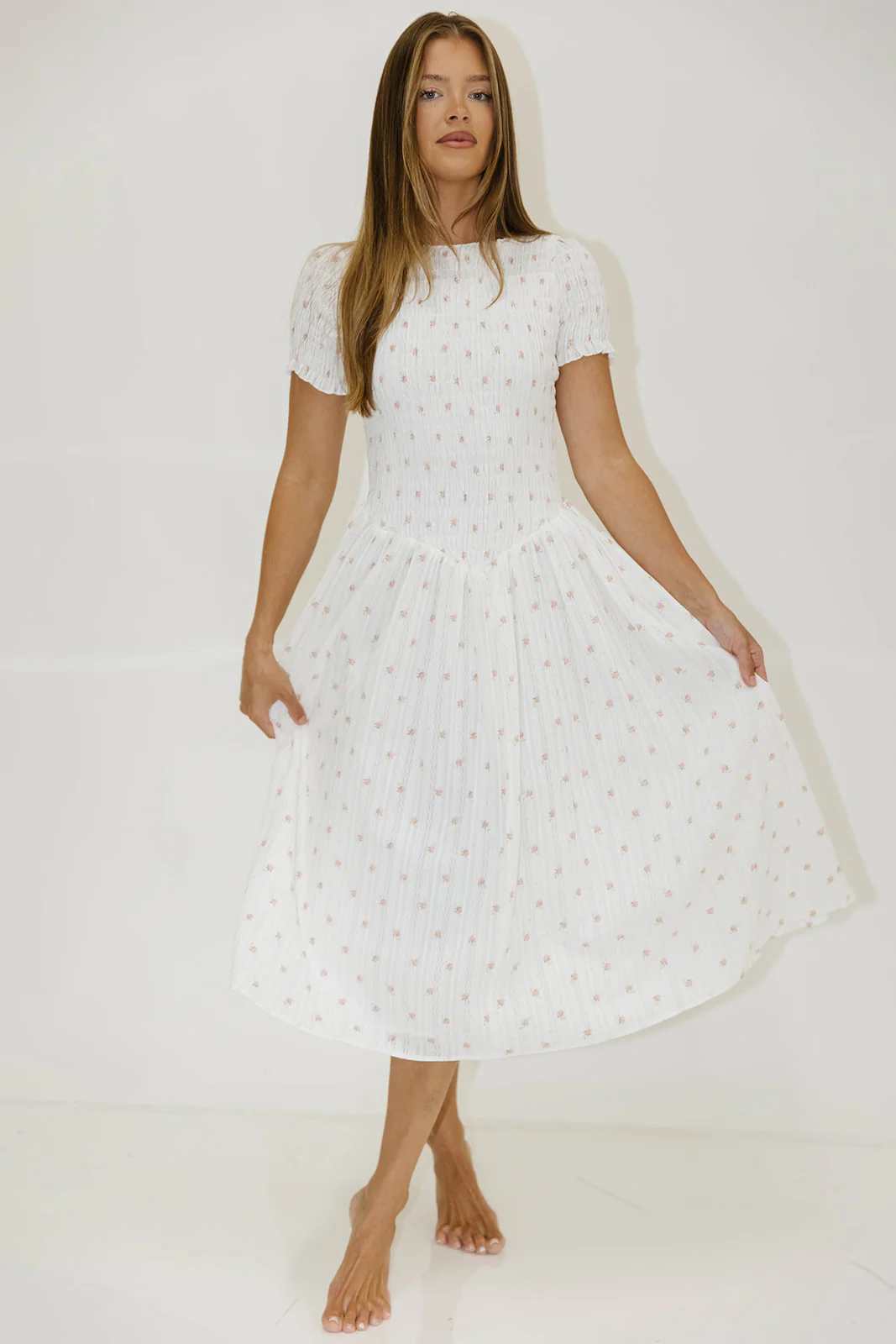 Bianca 100% Cotton Smocked Floral Midi Dress in Off White - Image 3
