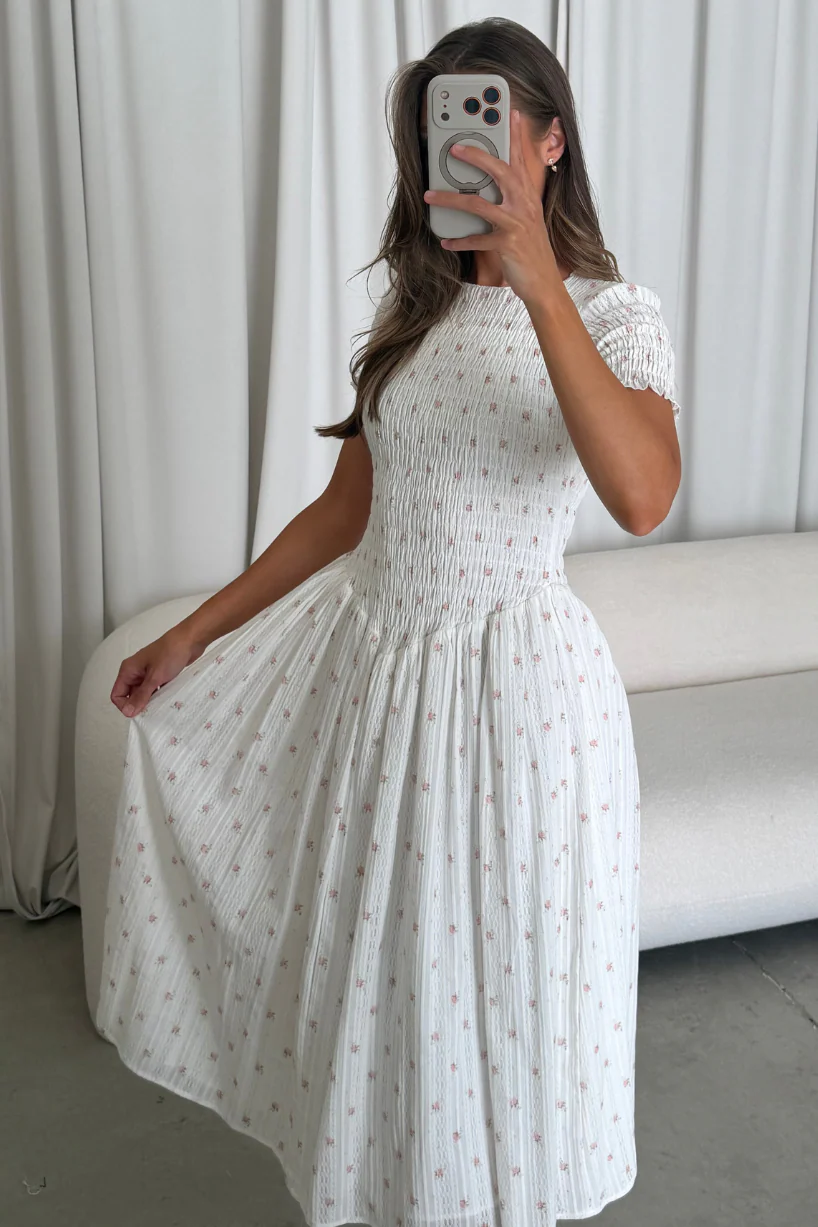 Bianca 100% Cotton Smocked Floral Midi Dress in Off White - Image 4