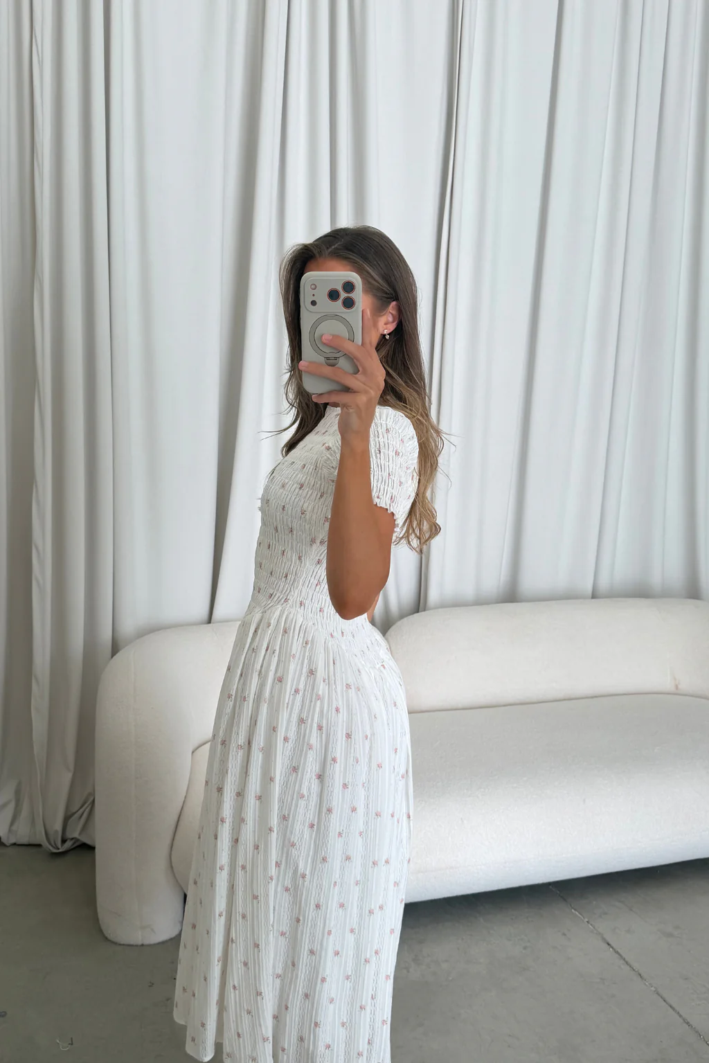 Bianca 100% Cotton Smocked Floral Midi Dress in Off White - Image 5