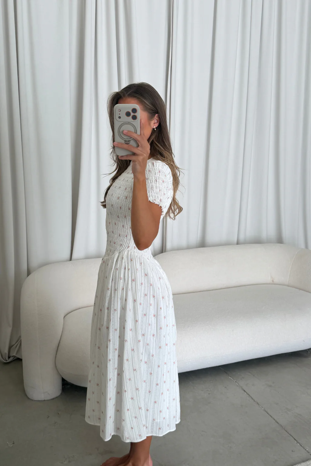Bianca 100% Cotton Smocked Floral Midi Dress in Off White - Image 6