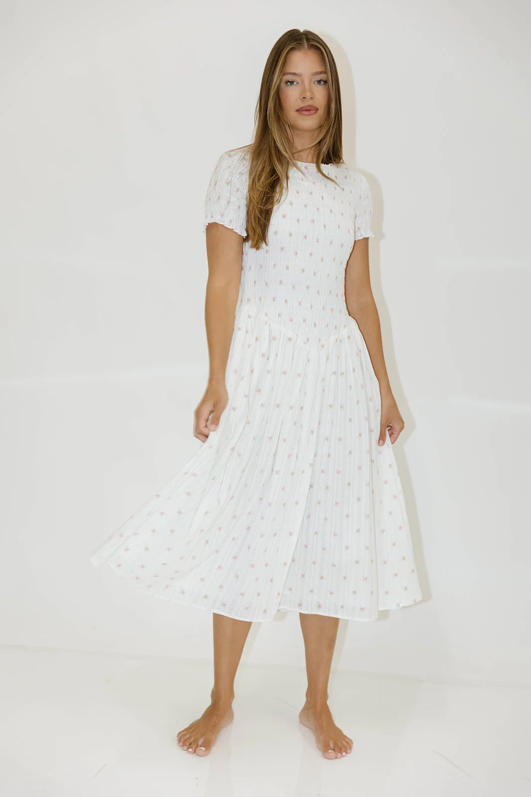 Bianca 100% Cotton Smocked Floral Midi Dress in Off White - Image 7