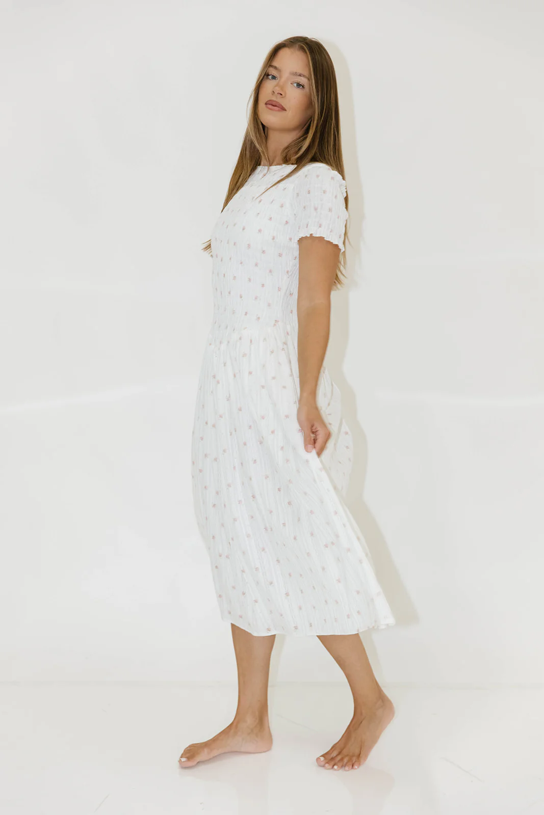 Bianca 100% Cotton Smocked Floral Midi Dress in Off White - Image 8