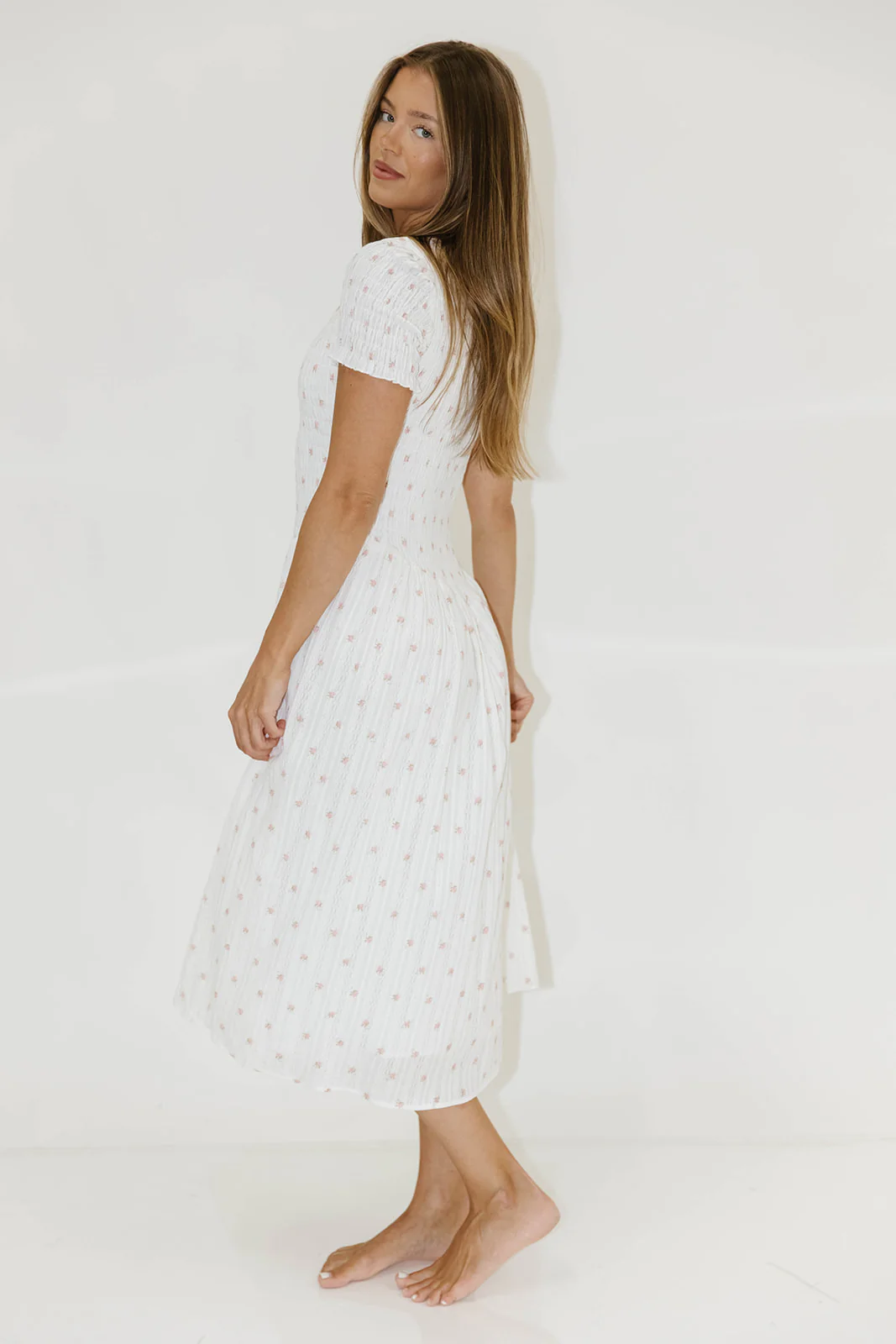 Bianca 100% Cotton Smocked Floral Midi Dress in Off White - Image 9
