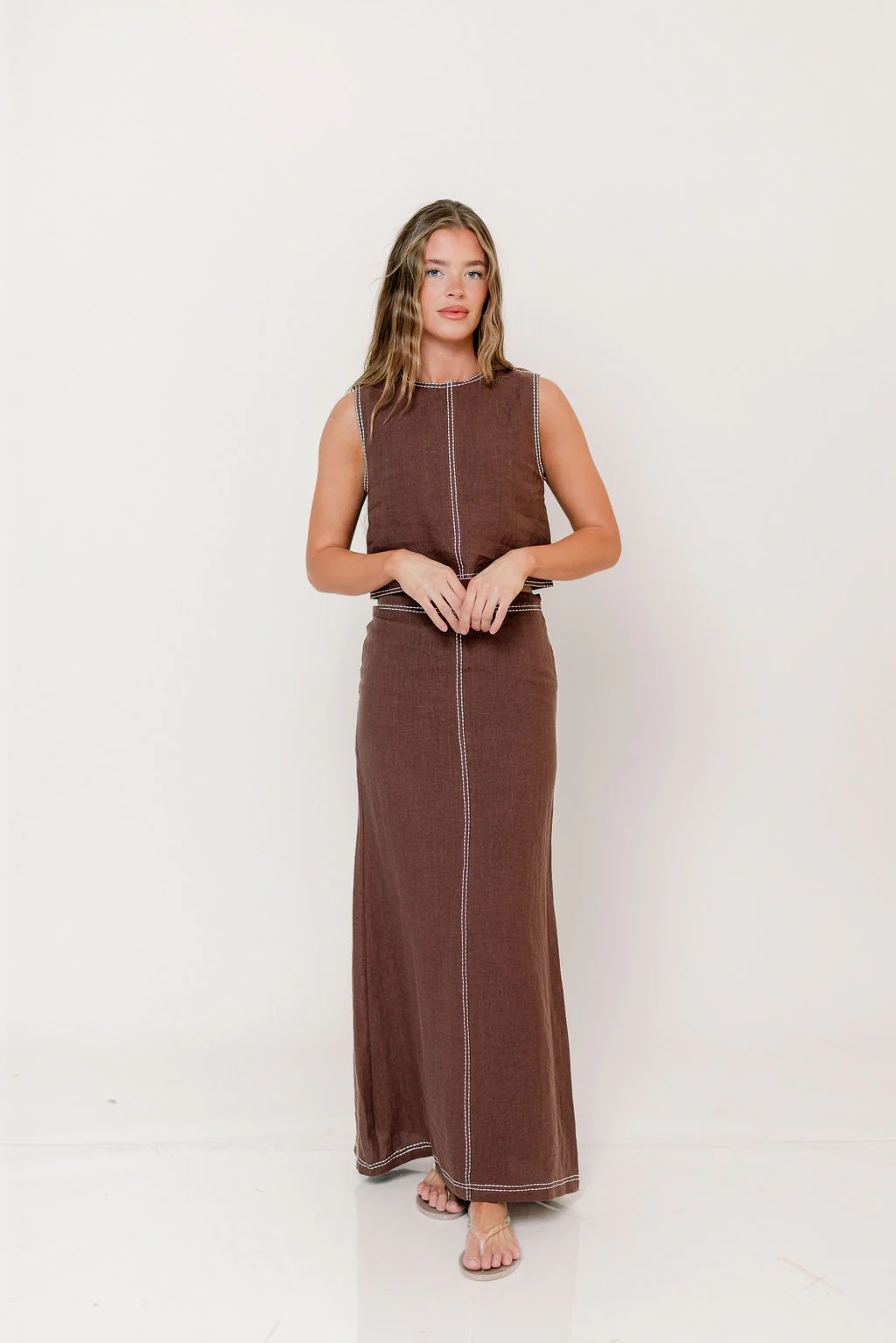 Blaire Contrast Stitch Linen Crop Top in Brown
