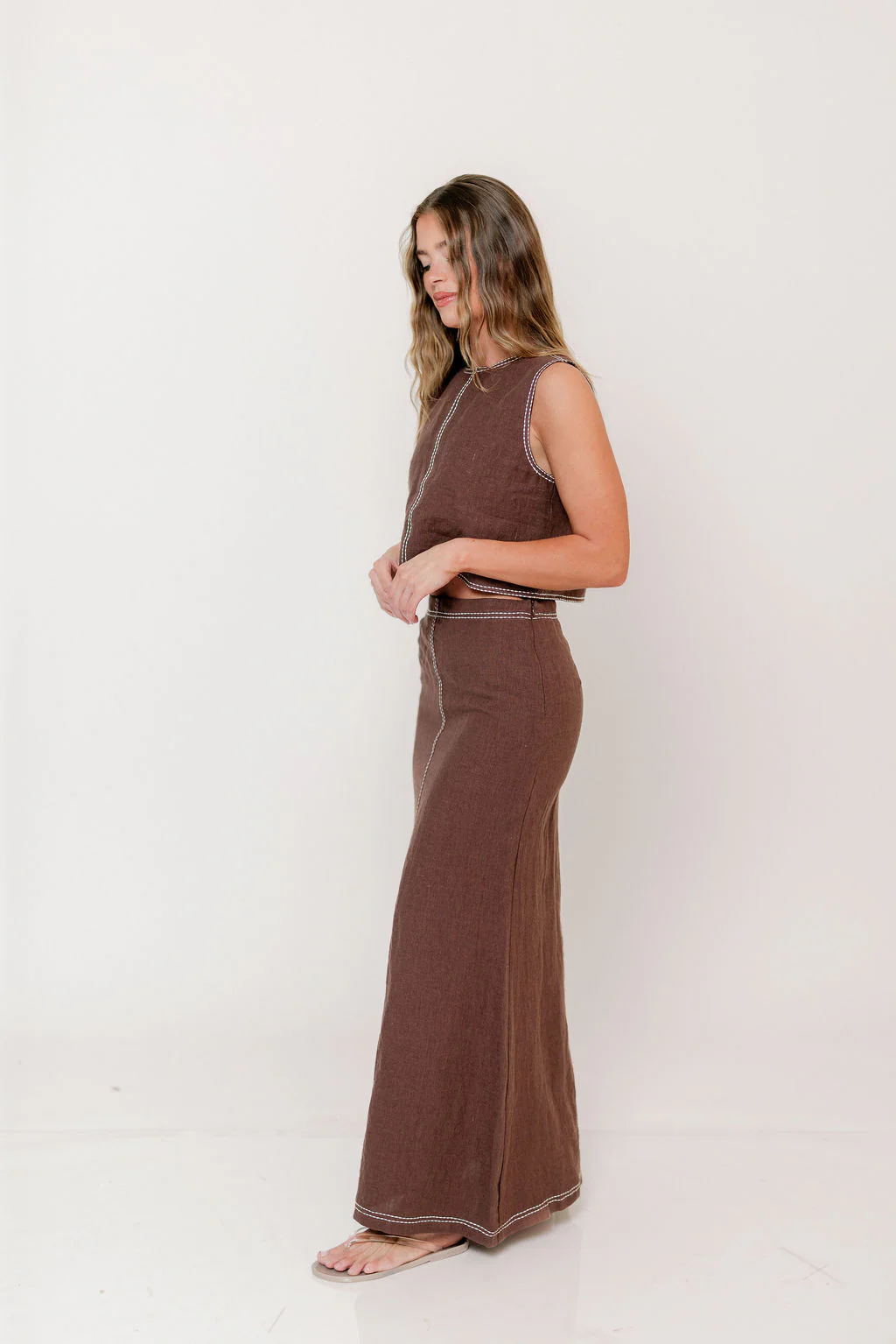 Blaire Contrast Stitch Linen Crop Top in Brown - Image 3