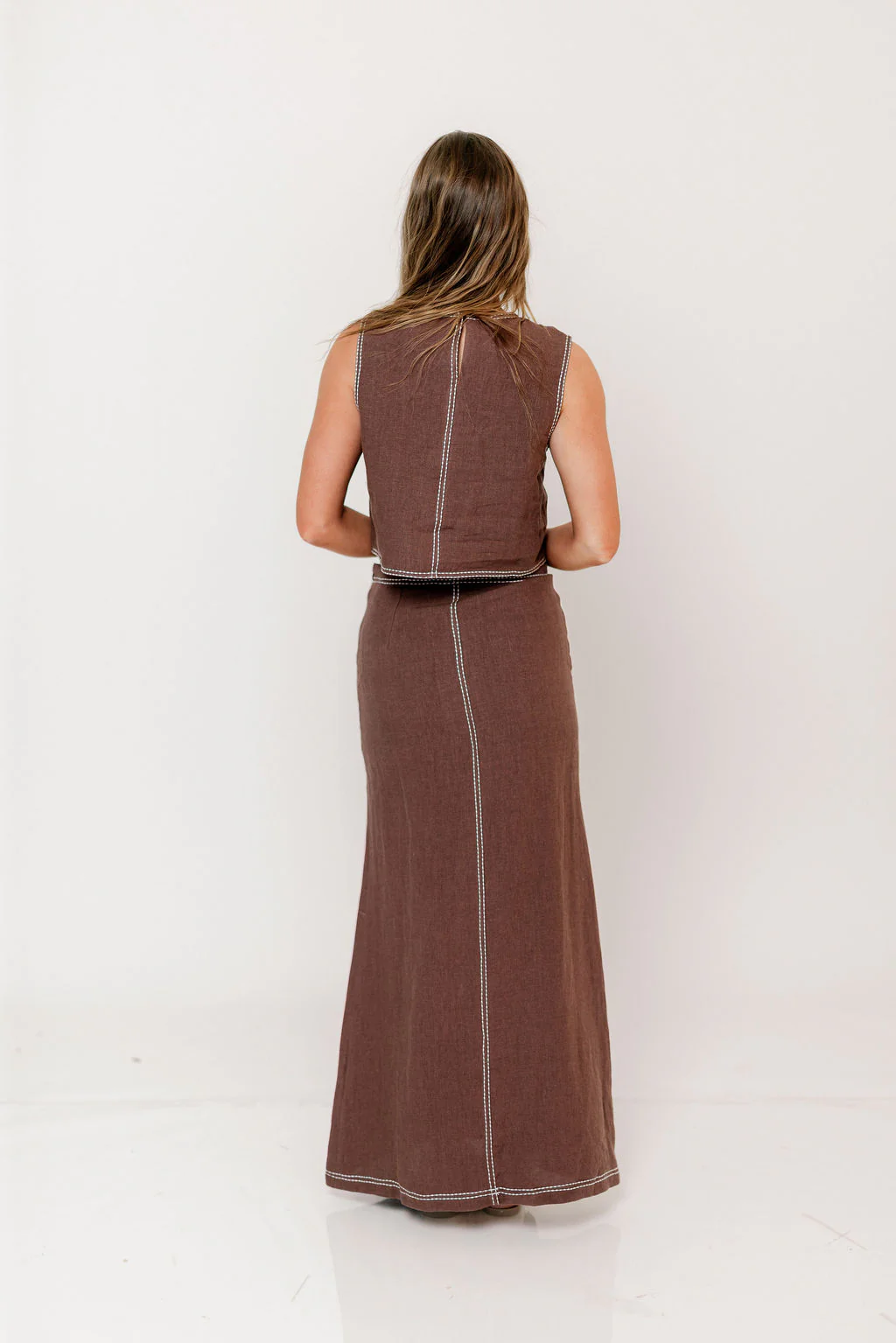 Blaire Contrast Stitch Linen Crop Top in Brown - Image 4