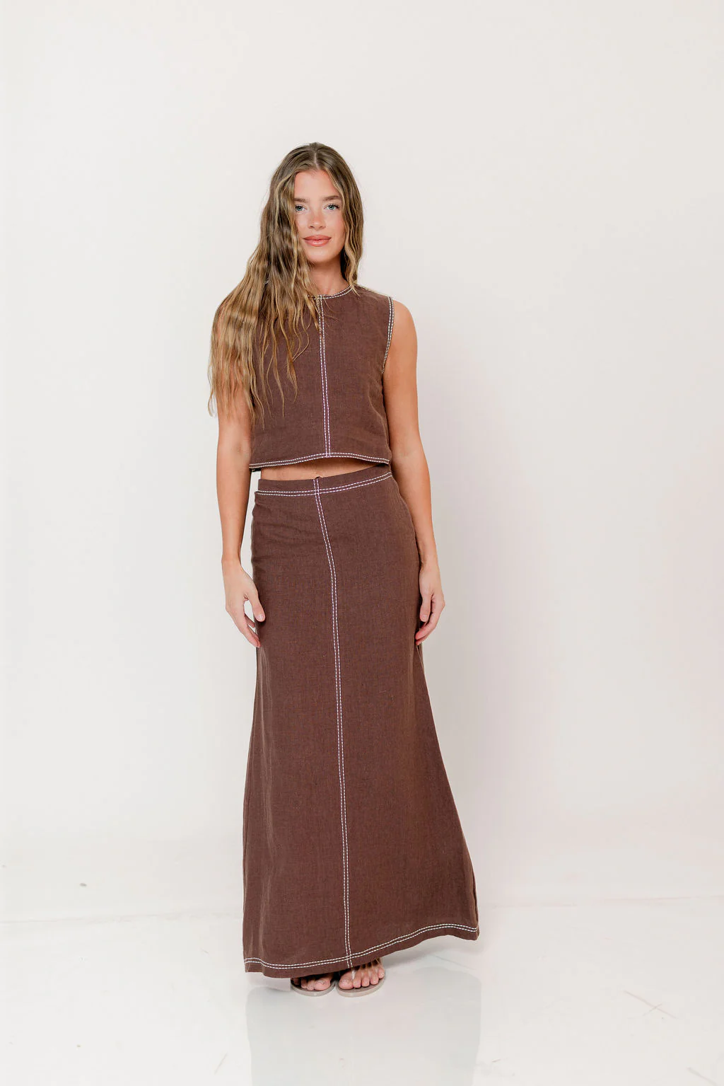 Blaire Contrast Stitch Linen Crop Top in Brown - Image 5