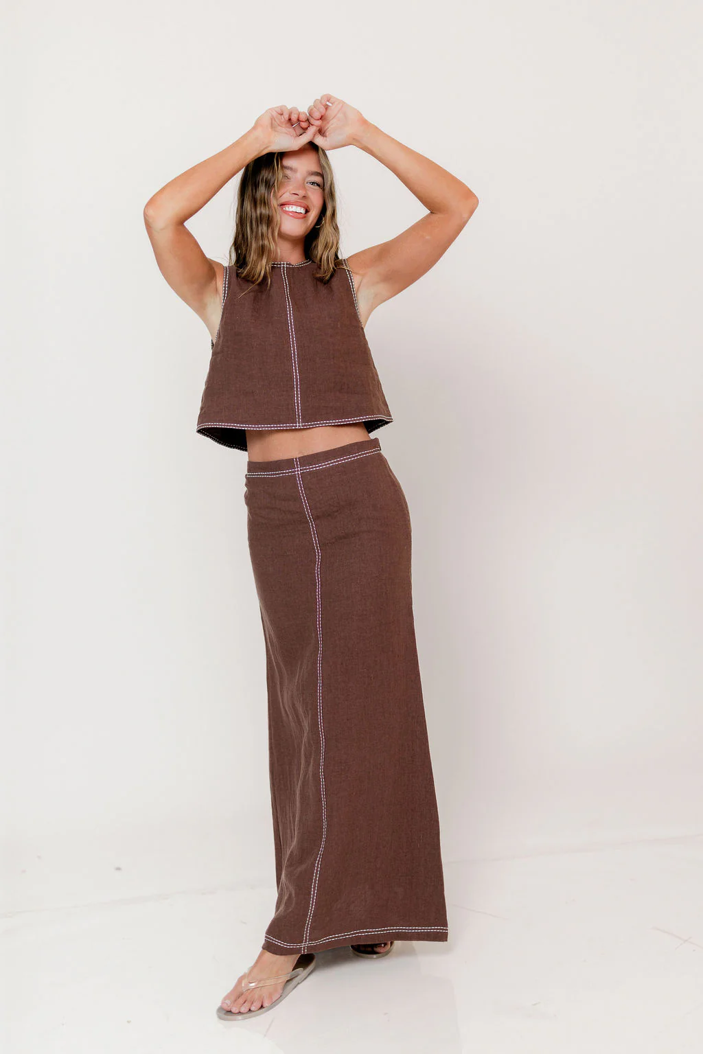 Blaire Contrast Stitch Linen Crop Top in Brown - Image 7