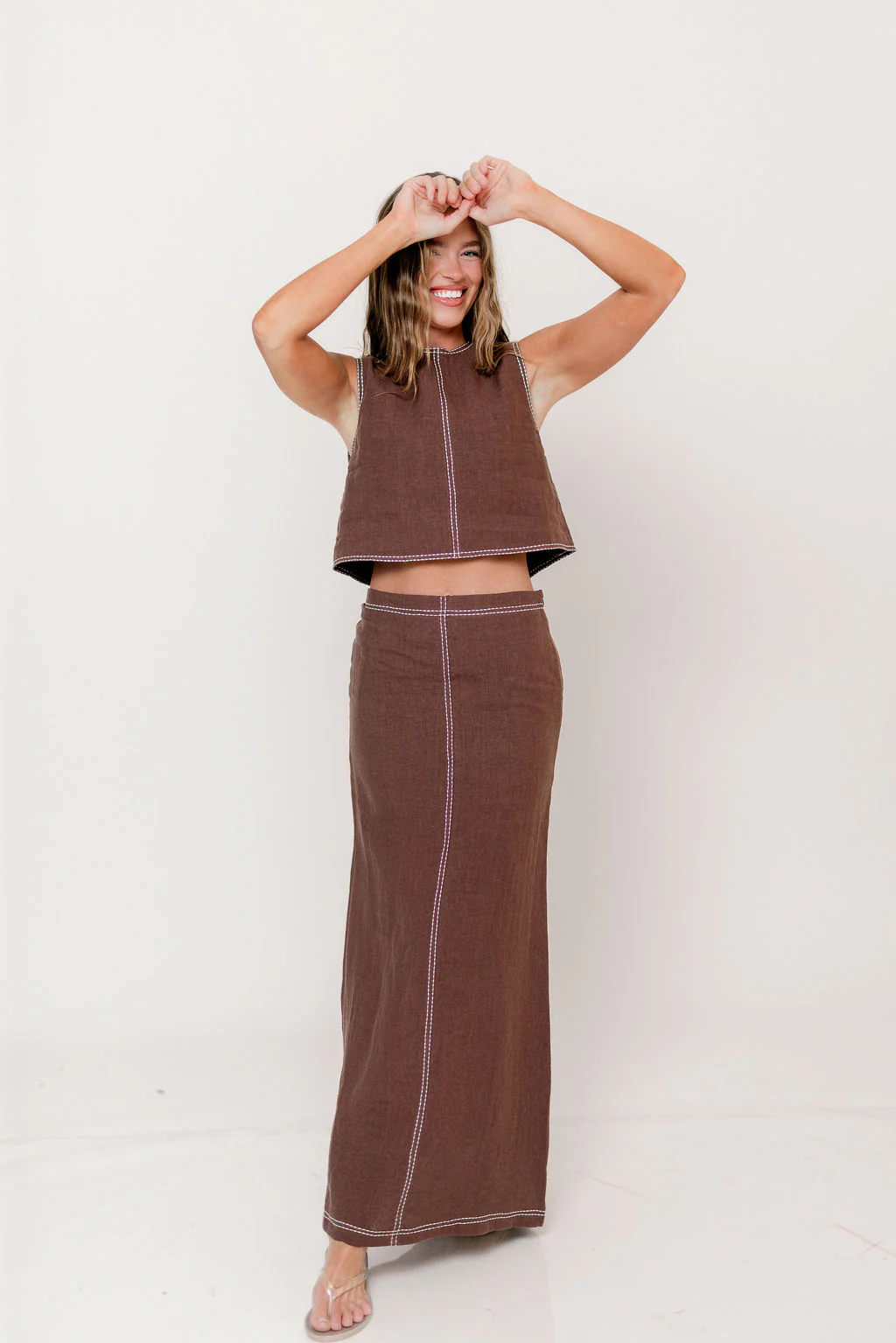 Blaire Contrast Stitch Linen Crop Top in Brown - Image 8
