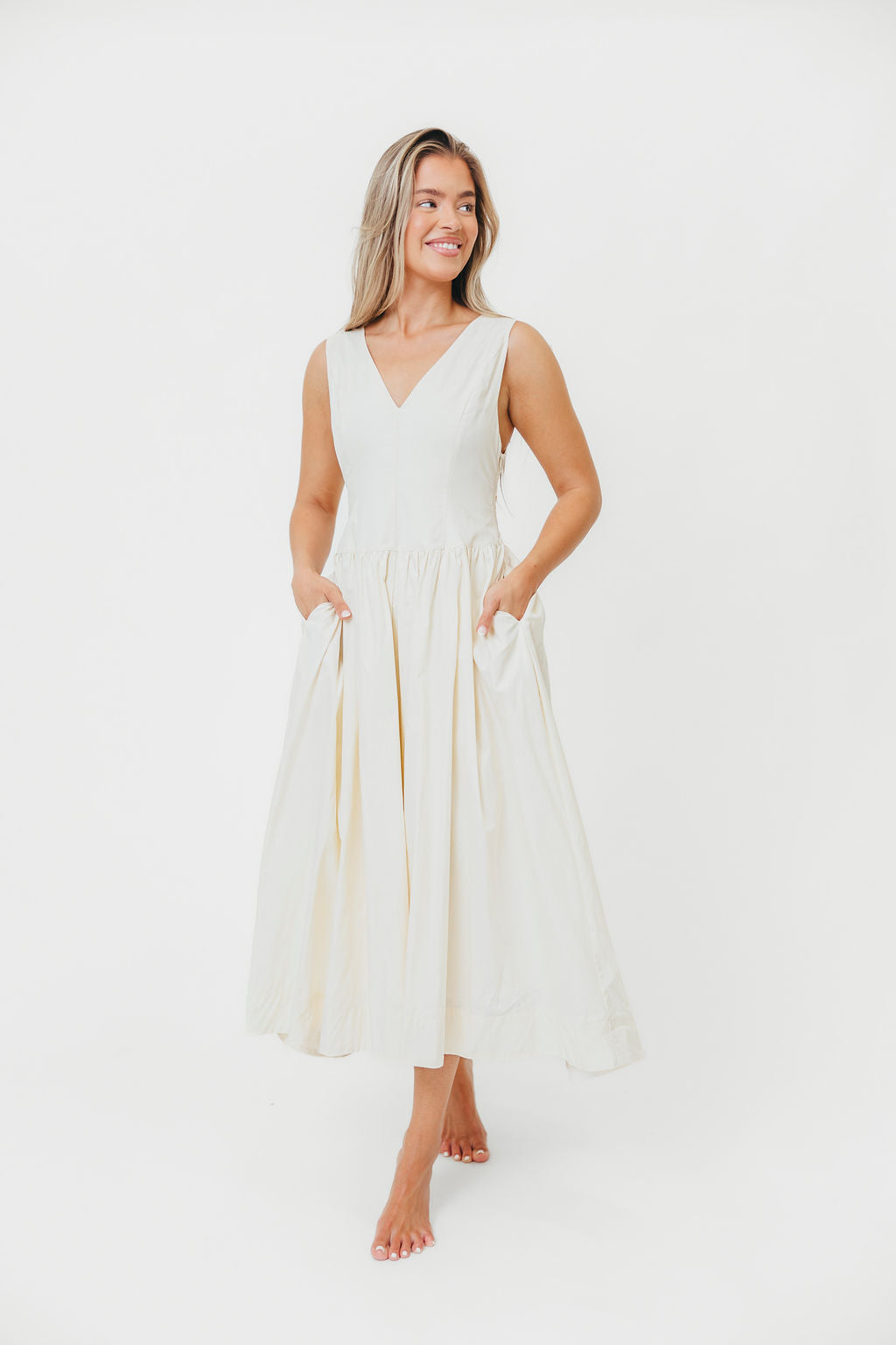 Cece 100% Cotton Bow Detail Woven Maxi Dress in Off-White - Image 2