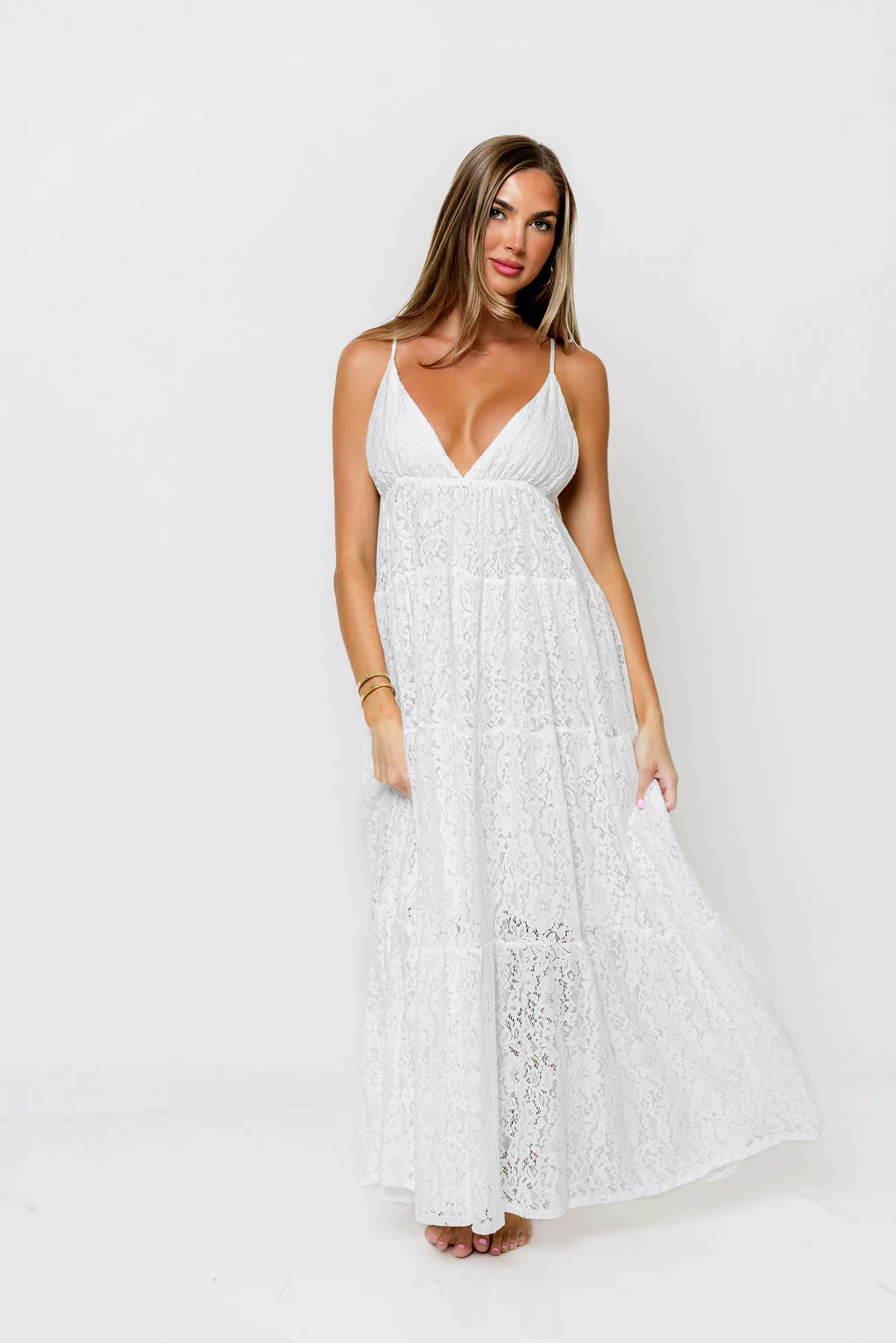Brandy Lace Tiered Maxi Dress in White - Image 2