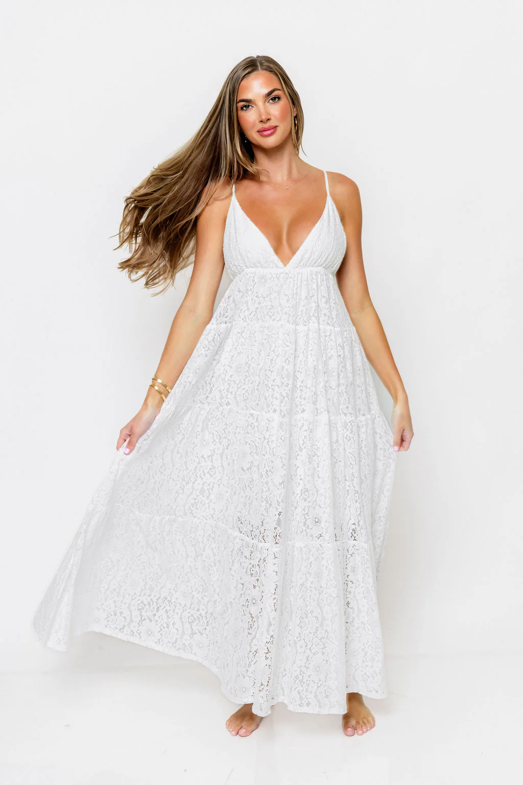 Brandy Lace Tiered Maxi Dress in White - Image 5