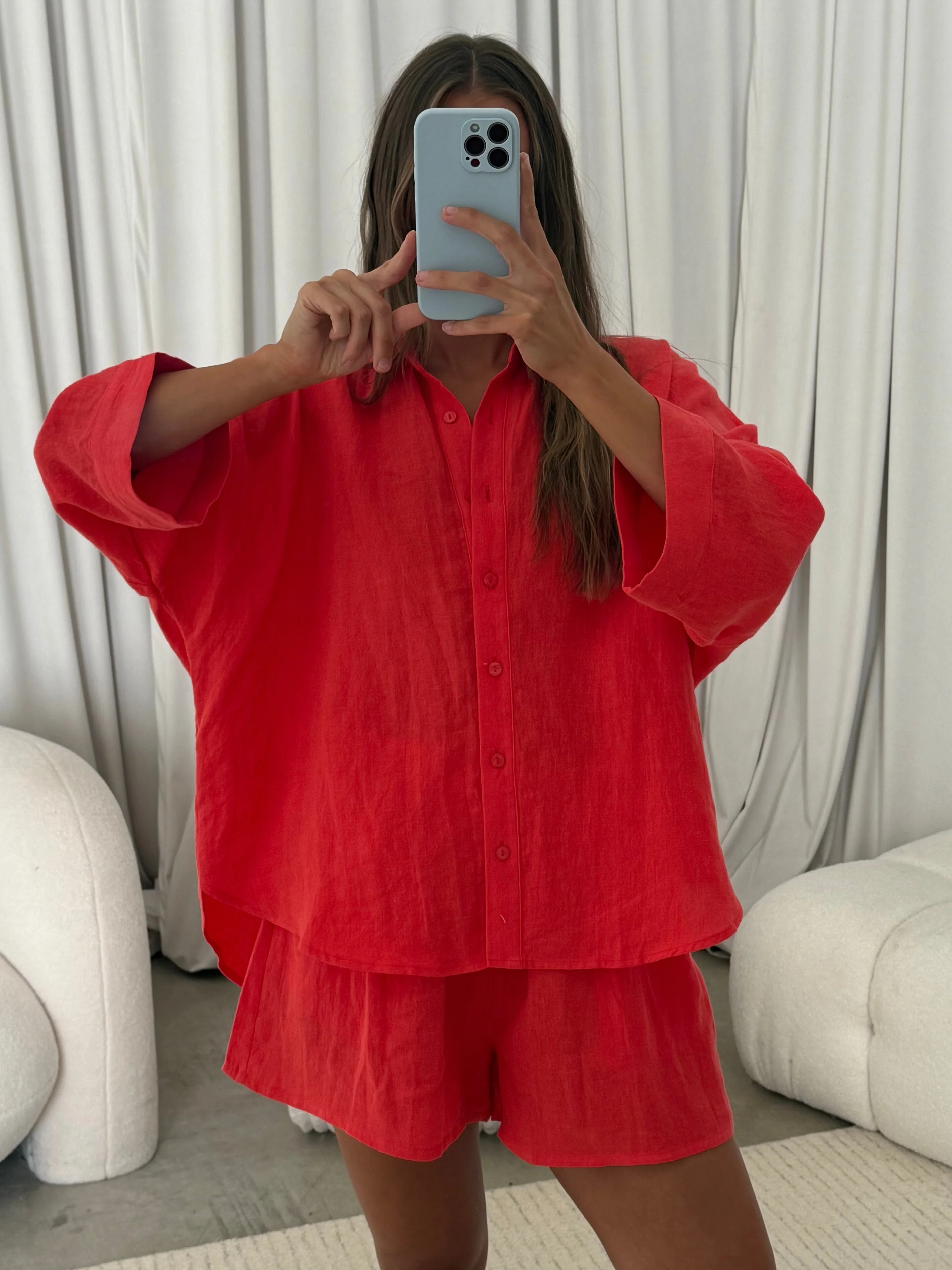 Anne 100% Linen Button Down Shirt in Chili Pepper - Image 2