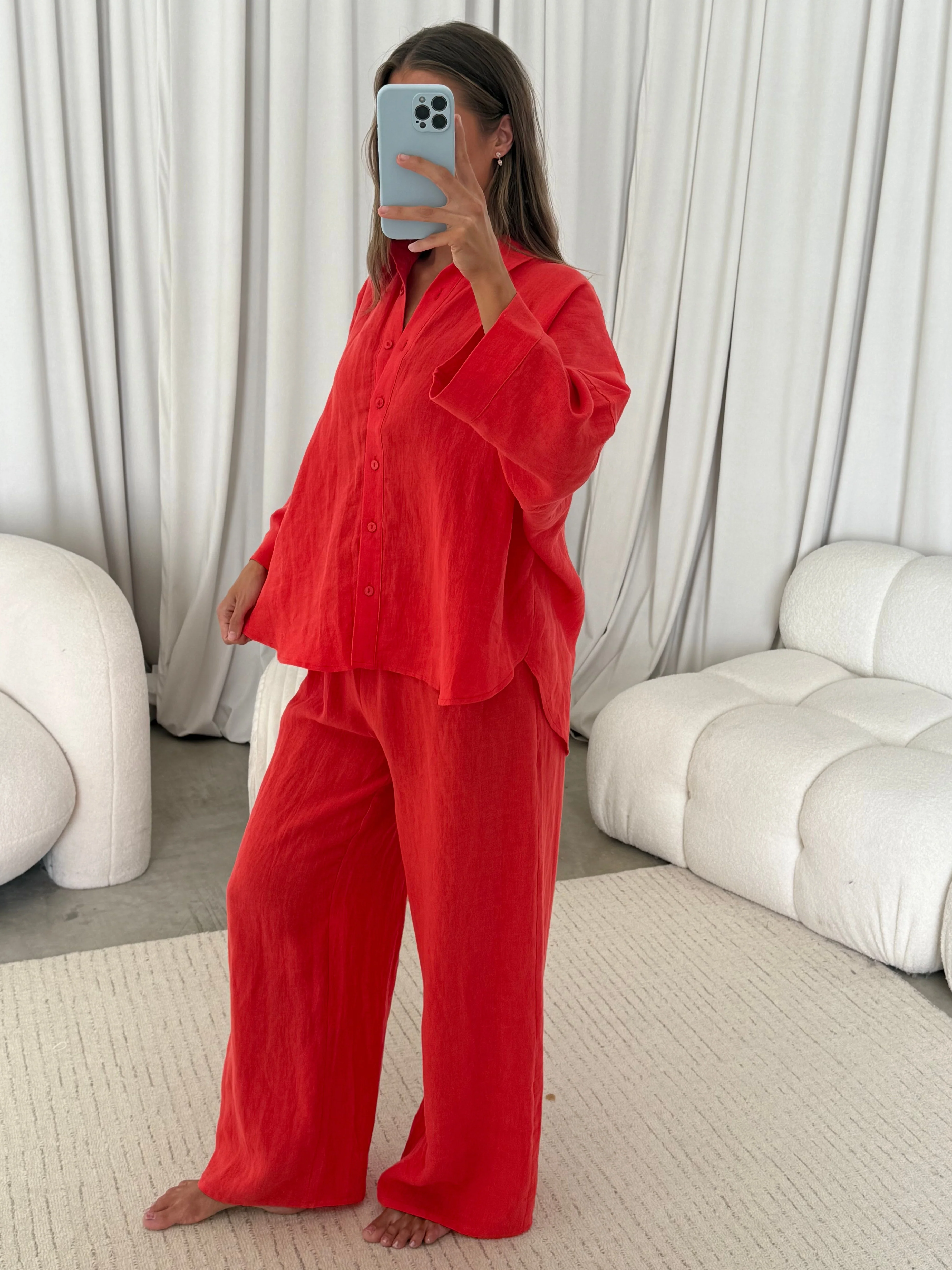 Anne 100% Linen Button Down Shirt in Chili Pepper - Image 3