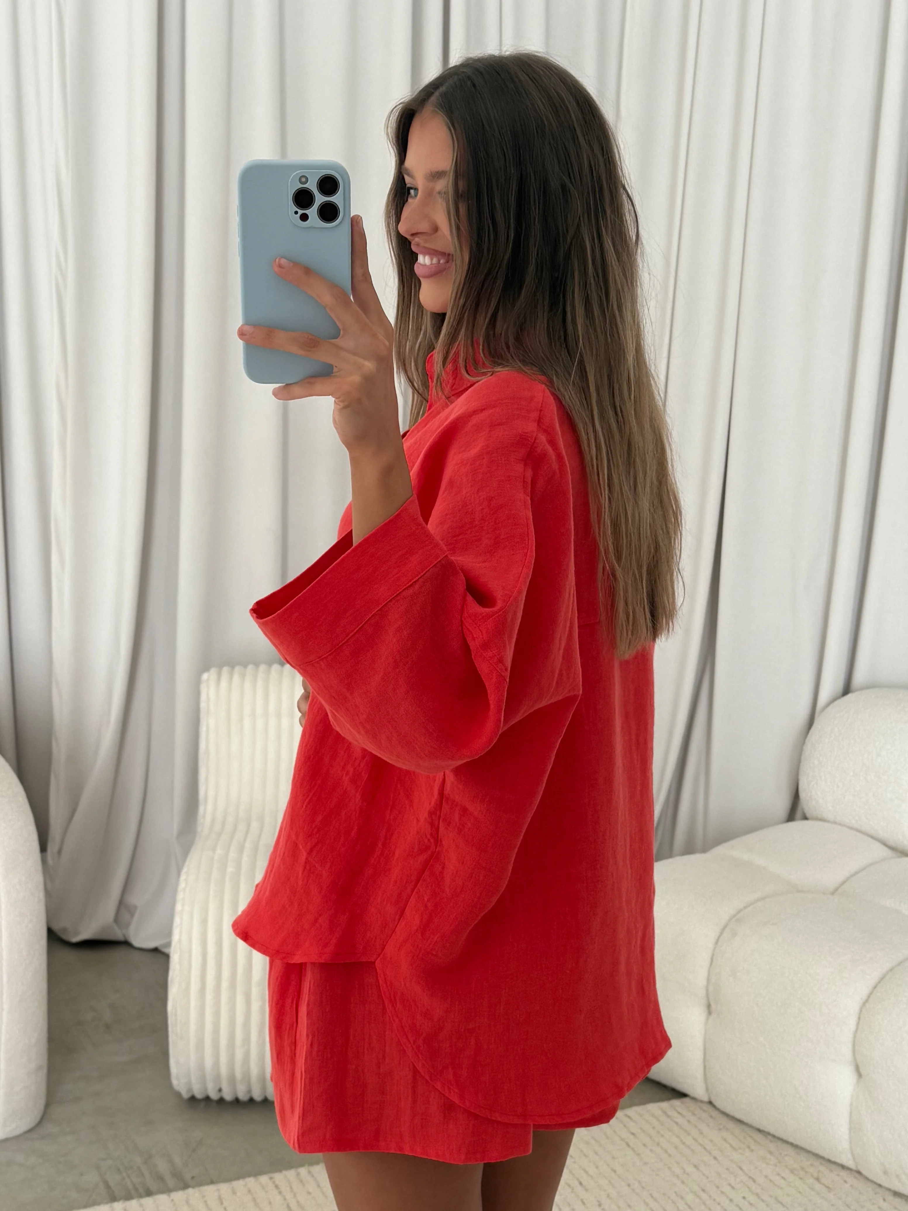 Anne 100% Linen Button Down Shirt in Chili Pepper - Image 5