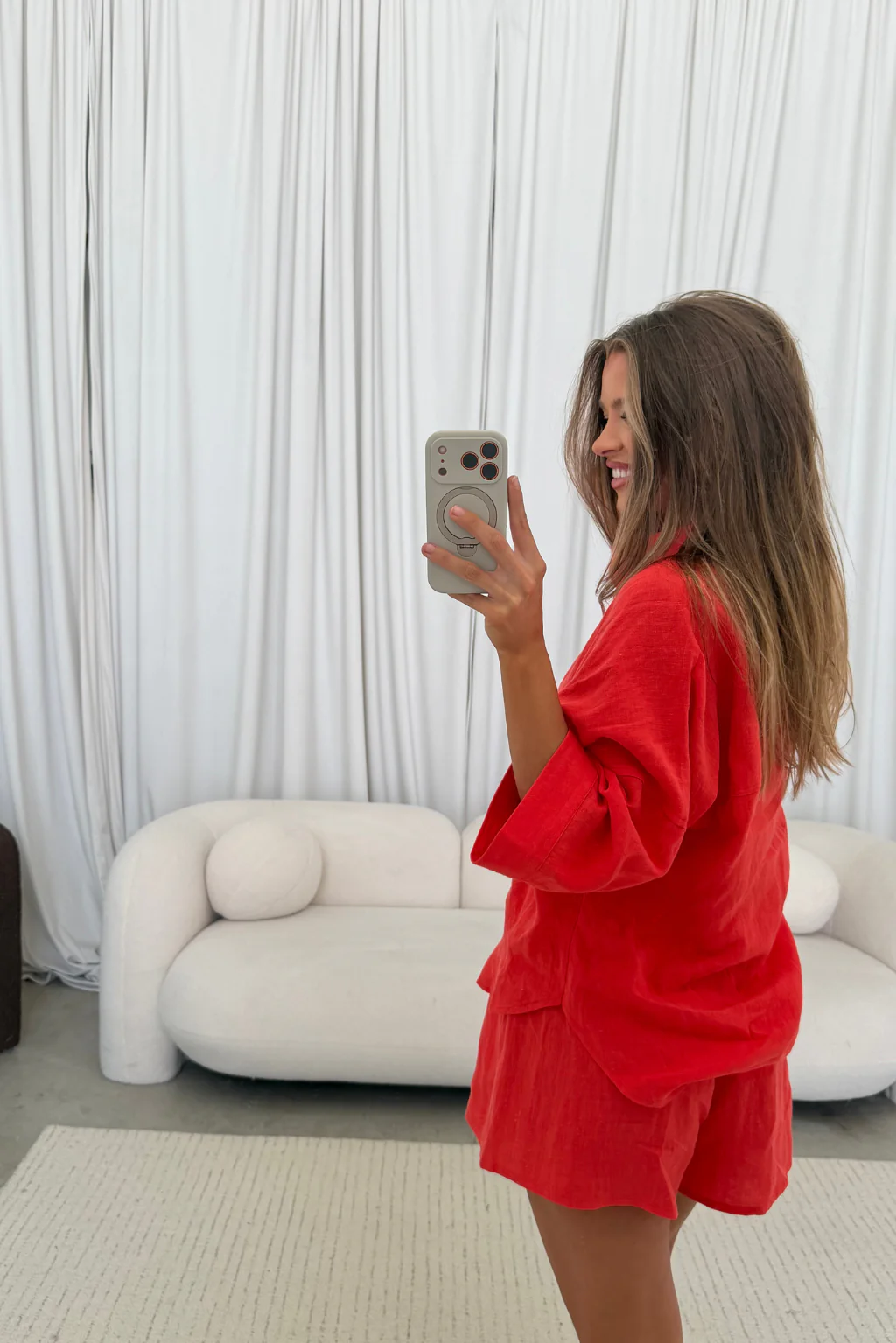 Anne 100% Linen Button Down Shirt in Chili Pepper - Image 6