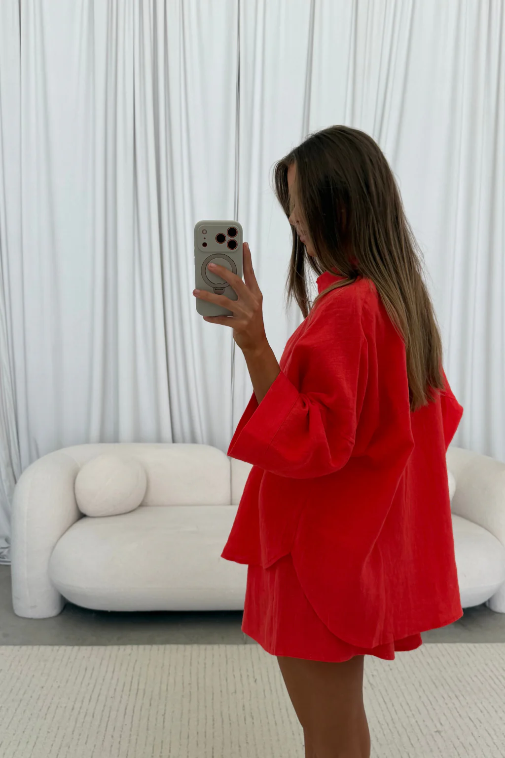 Anne 100% Linen Button Down Shirt in Chili Pepper - Image 7