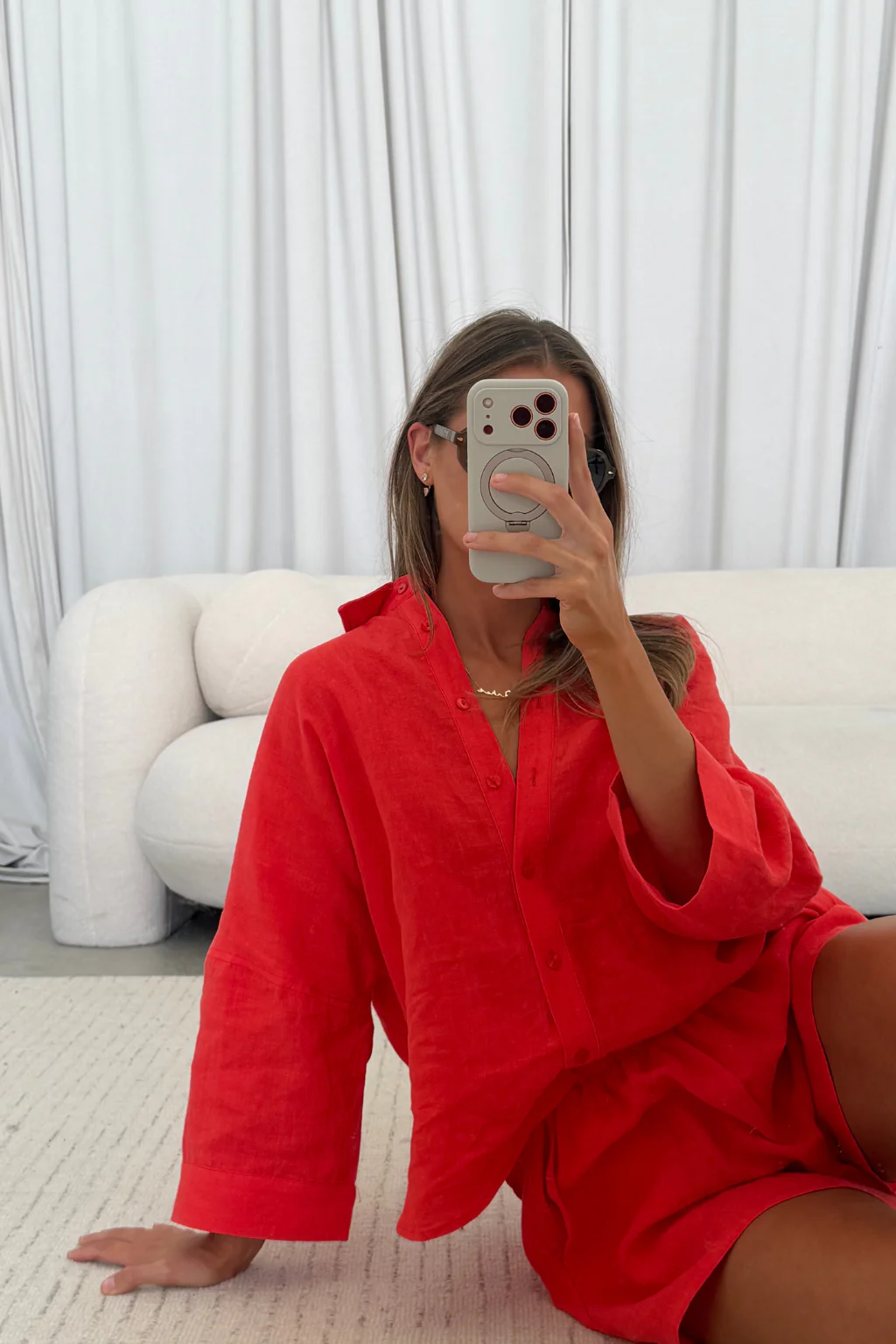 Anne 100% Linen Button Down Shirt in Chili Pepper - Image 8