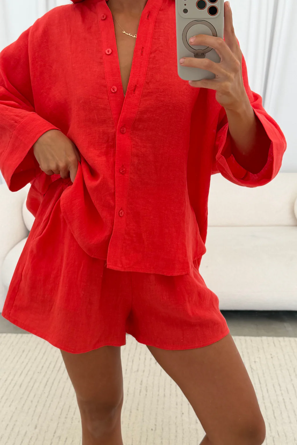 Anne 100% Linen Button Down Shirt in Chili Pepper - Image 9