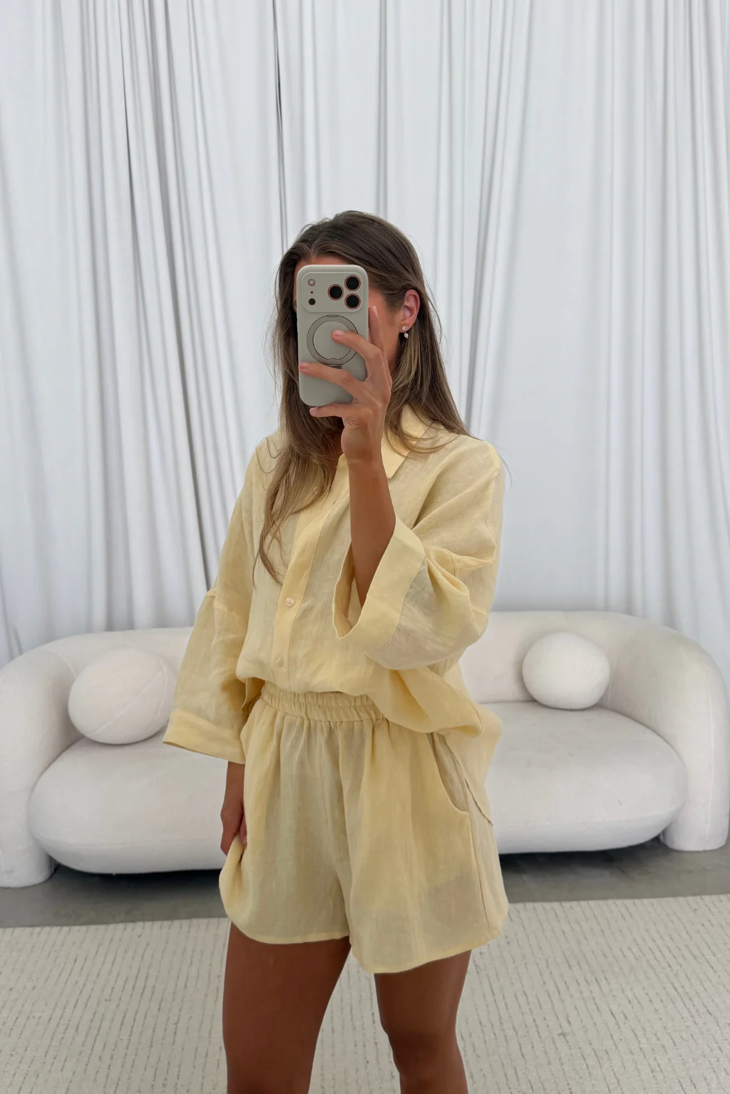 Anne 100% Linen Button Down Shirt in Creamy Yellow - Image 10