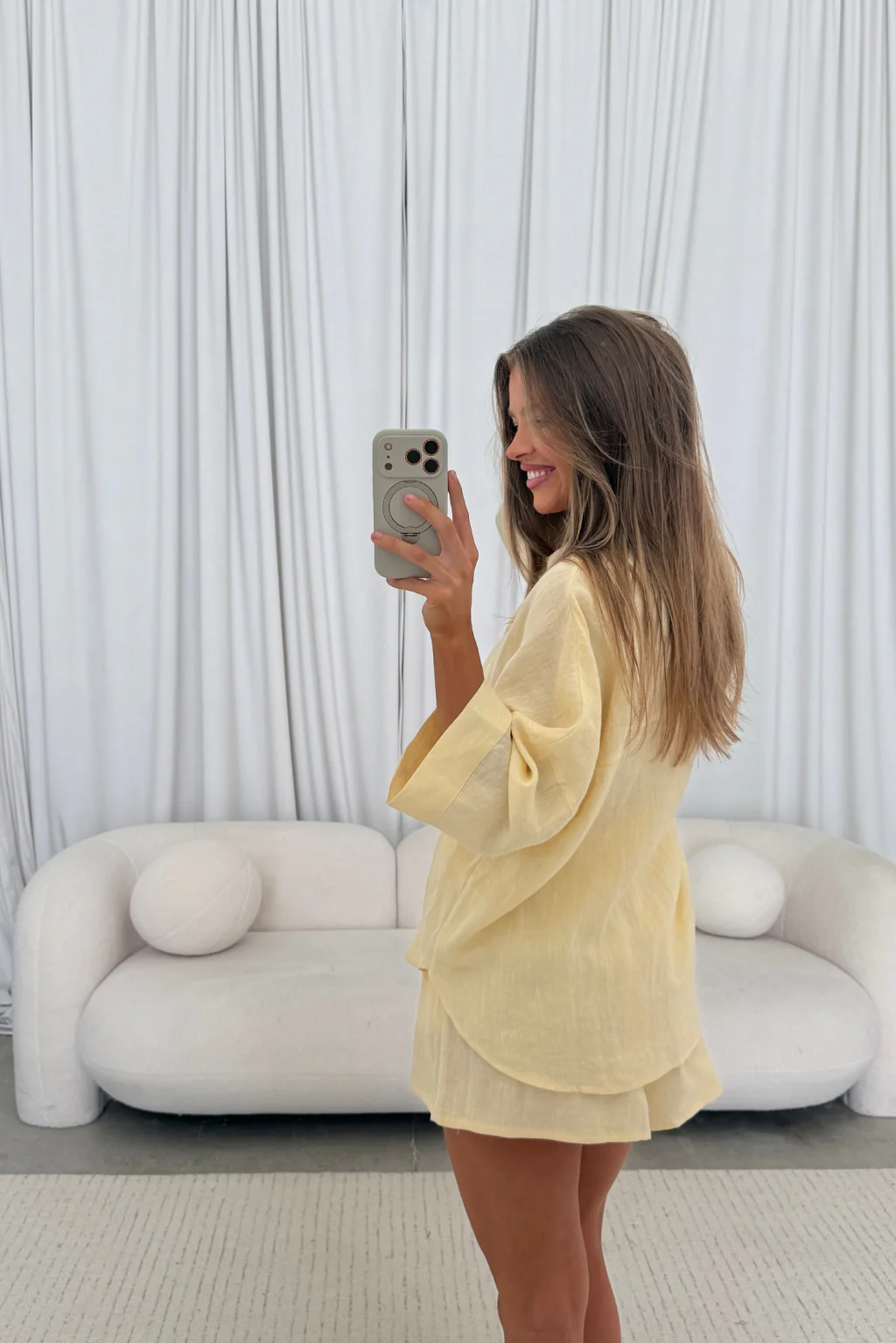 Anne 100% Linen Button Down Shirt in Creamy Yellow - Image 11